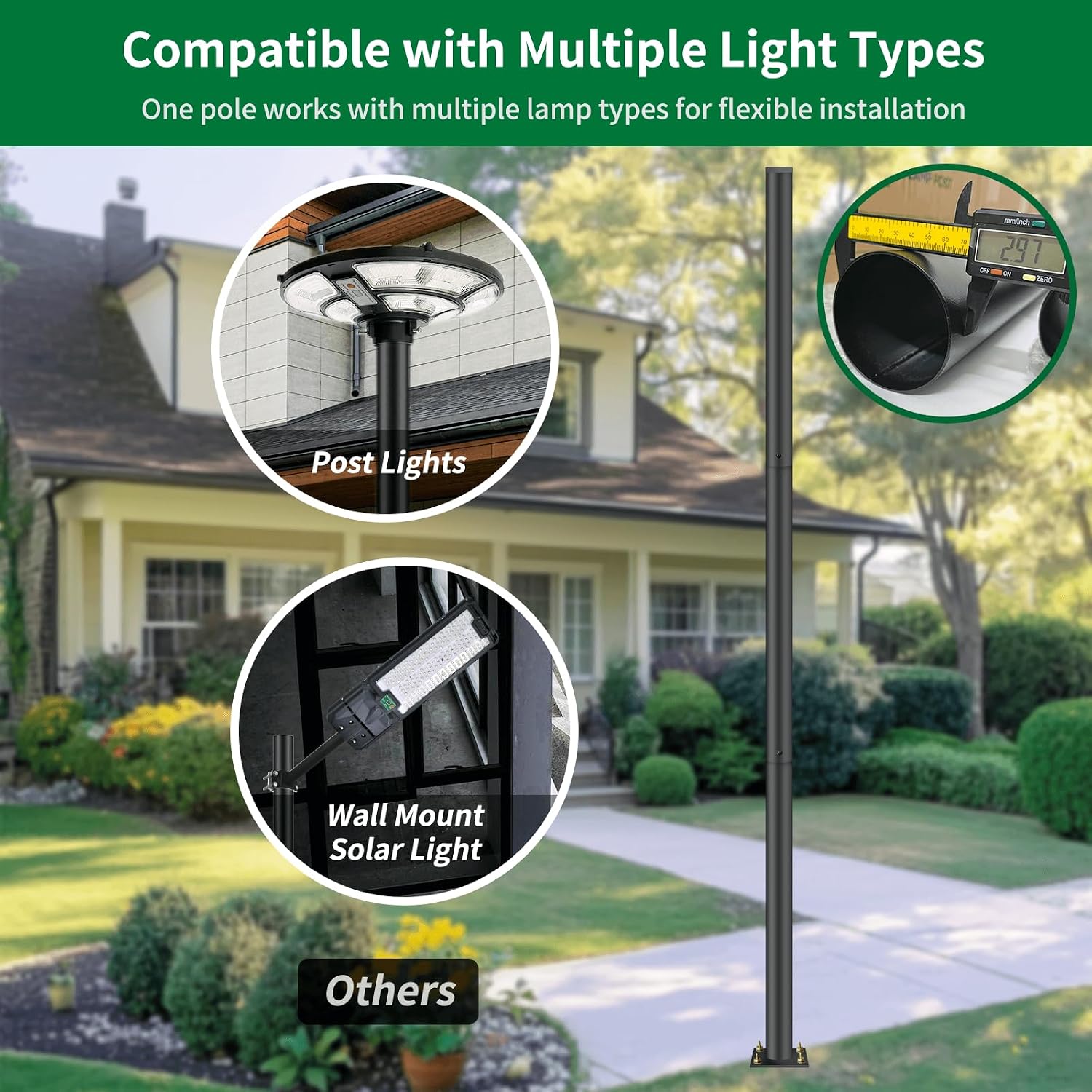 10ft Outdoor Street Light Pole, 3-Inch OD Heavy Duty Galvanized Steel Lamp Post, Ground Mount Light Pole with 0.2' Thick Flange Base, Hardware for Concrete & Soil Included, Black