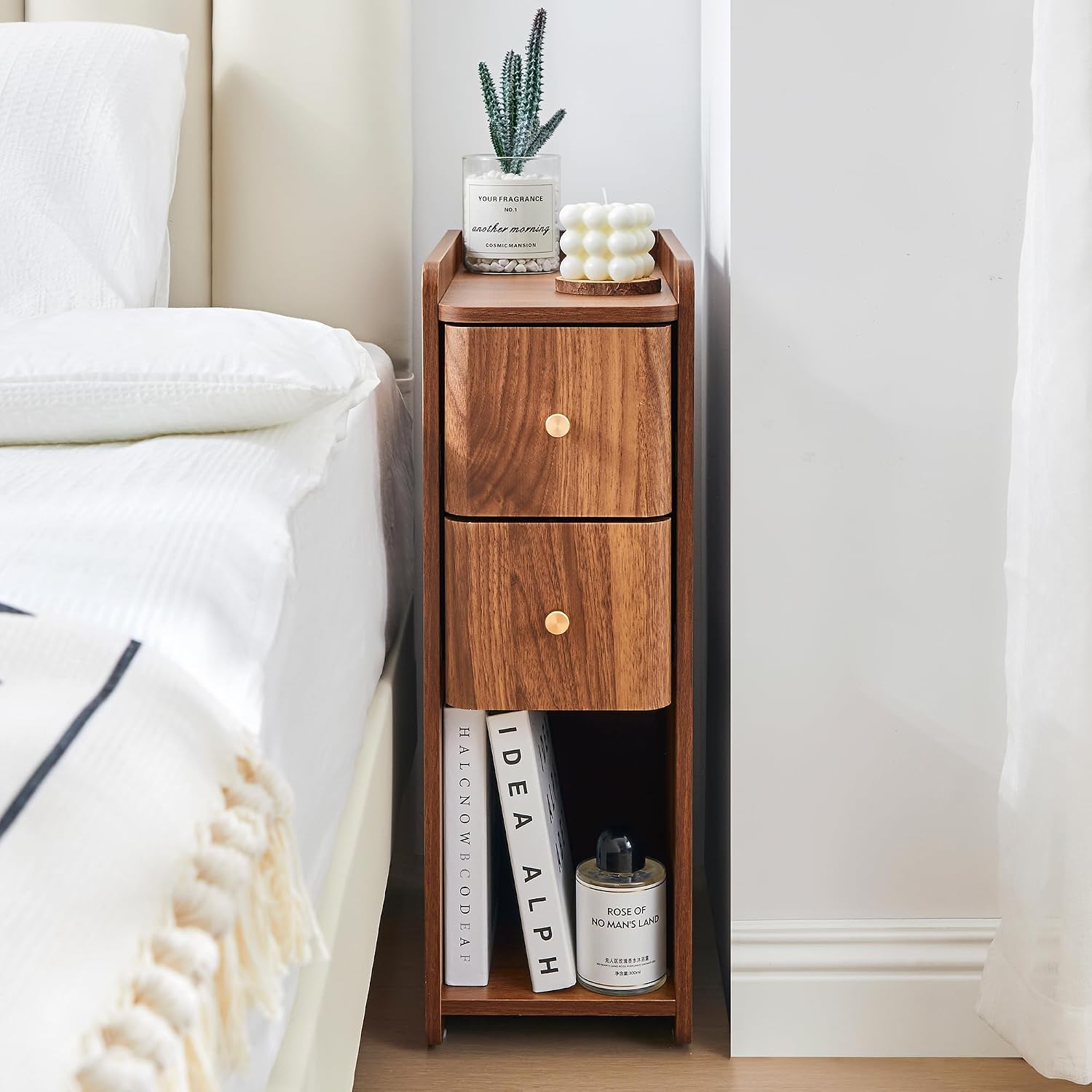 Narrow Nightstand Set of 2, Wooden Small 2 Drawer Nightstand, Slim Side End Table, Skinny Bedside Table, Mid Century Modern Night Stand with Drawers, for Bedroom (Walnut-2pcs)