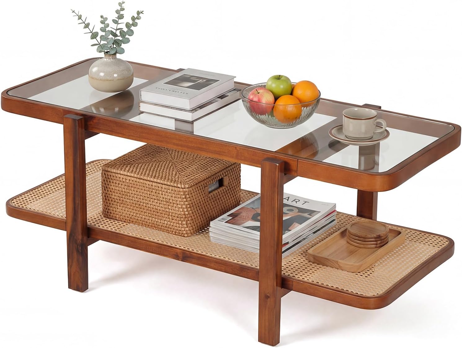 GOFLAME Rattan Coffee Table, 47.5' Solid Wood Center Table with Tempered Glass Top & Rattan Storage Shelf, Rectangular, Farmhouse, Boho, 2-Tier Mid Century Modern Tea Table for Living Room (Walnut)