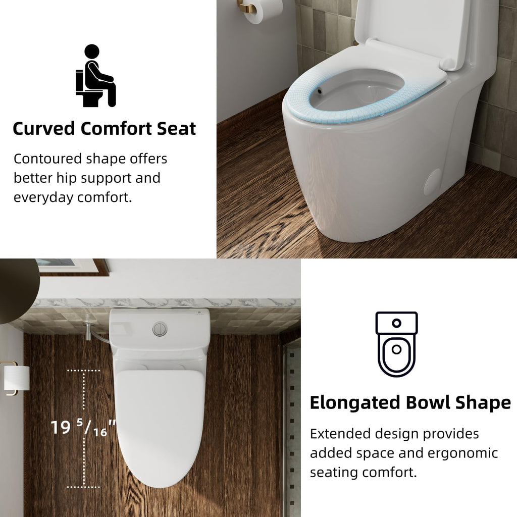 17.3' Elongated One Piece Toilet with Rimless Swirl Flush, Los Flexi Modern Toilets For Bathrooms, ADA Chair Height, Dual Flush 1.0/1.28 GPF, White 17 Inch Toilet Bowl, Soft-Close Seat & 12' Rough-In