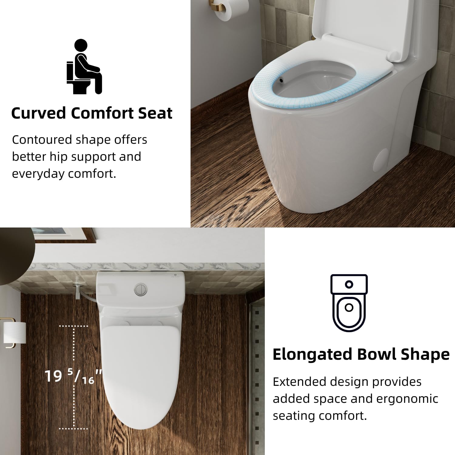 17.3' Elongated One Piece Toilet with Rimless Swirl Flush, Los Flexi Modern Toilets For Bathrooms, ADA Chair Height, Dual Flush 1.0/1.28 GPF, White 17 Inch Toilet Bowl, Soft-Close Seat & 12' Rough-In