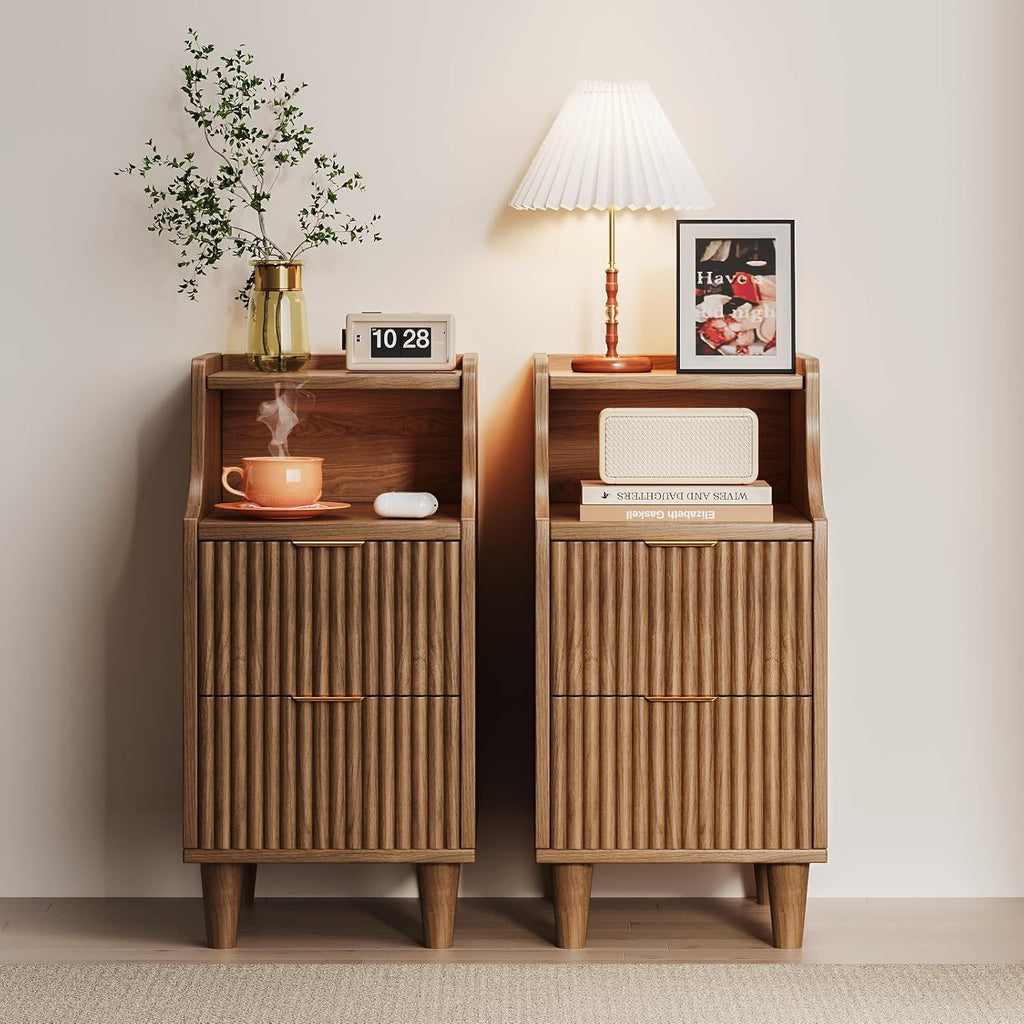 Narrow Nightstand Set of 2,11.8' Fluted Bedside Table Set of 2, Slim Side End Table with 2 Drawers, Wooden Bedside Table, Mid Century Modern Night Stand for Bedroom Livingroom Sofa Office