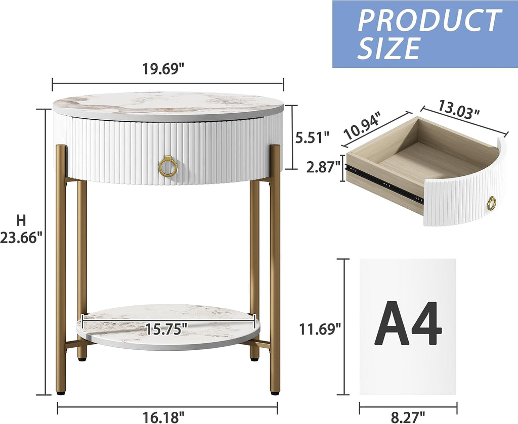 OIOG Modern End Table with Storage Drawer, Round 2-Tier Nightstand with Shelf, Gold Side Table with Metal Legs for Living Room, Bedroom, Office, Marbling Natural Stone/Gold