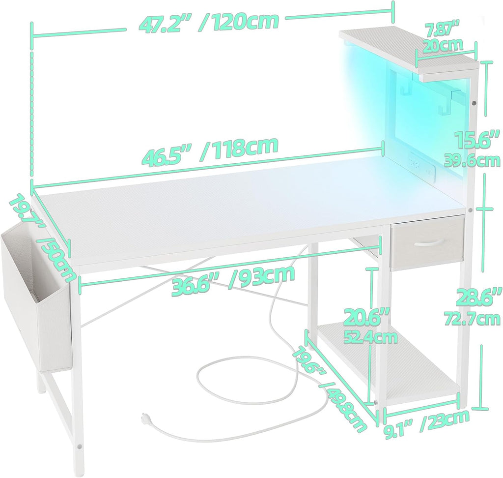 TIQLAB Gaming Desk 47 inch with Power Outlet and LED Light, Computer Desk with Reversible Shelves and Storage Drawer, Small PC Desk for Home Office Table with Bag, Carbon Fiber White