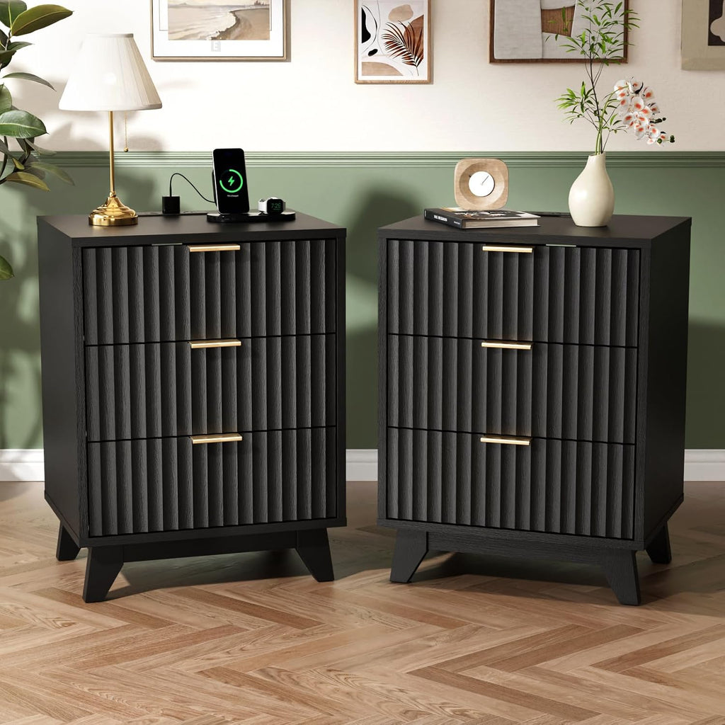 VINGLI Black Fluted Nightstands Set of 2 with Charging Station,3 Drawer Black Wood Nightstand for Bedroom, Modern Night Stand with Drawers, Fluted Bedside Table/End Table/Side Table, 2 pcs