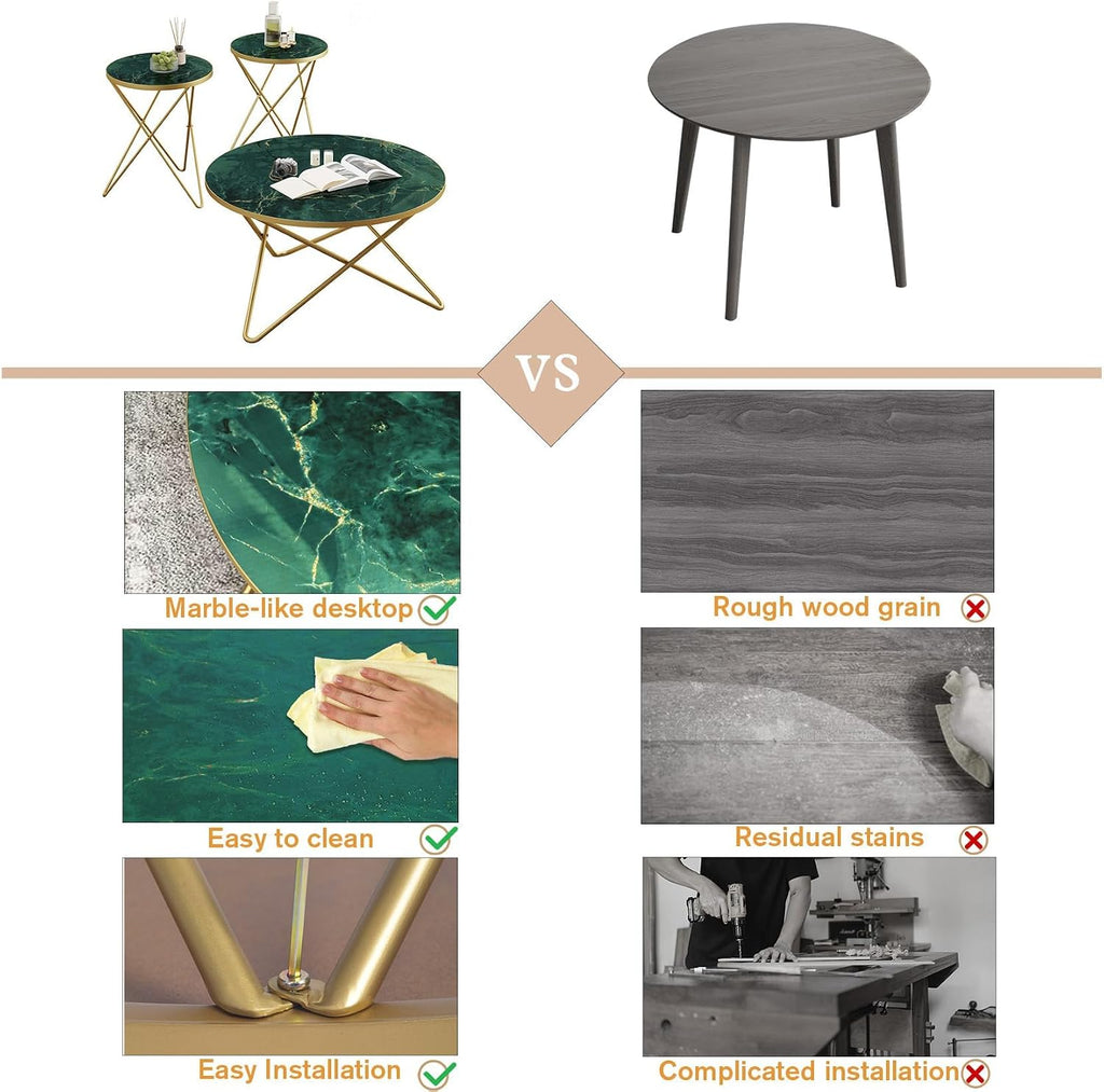 HLR Modern Round Coffee Table and Side Table Set of 3,End Table with Faux Marble Top and Gold Metal Frame, Side Table for Living Room, Bedroom, Sofa and Couch, Gold Legs, Green Marble Top