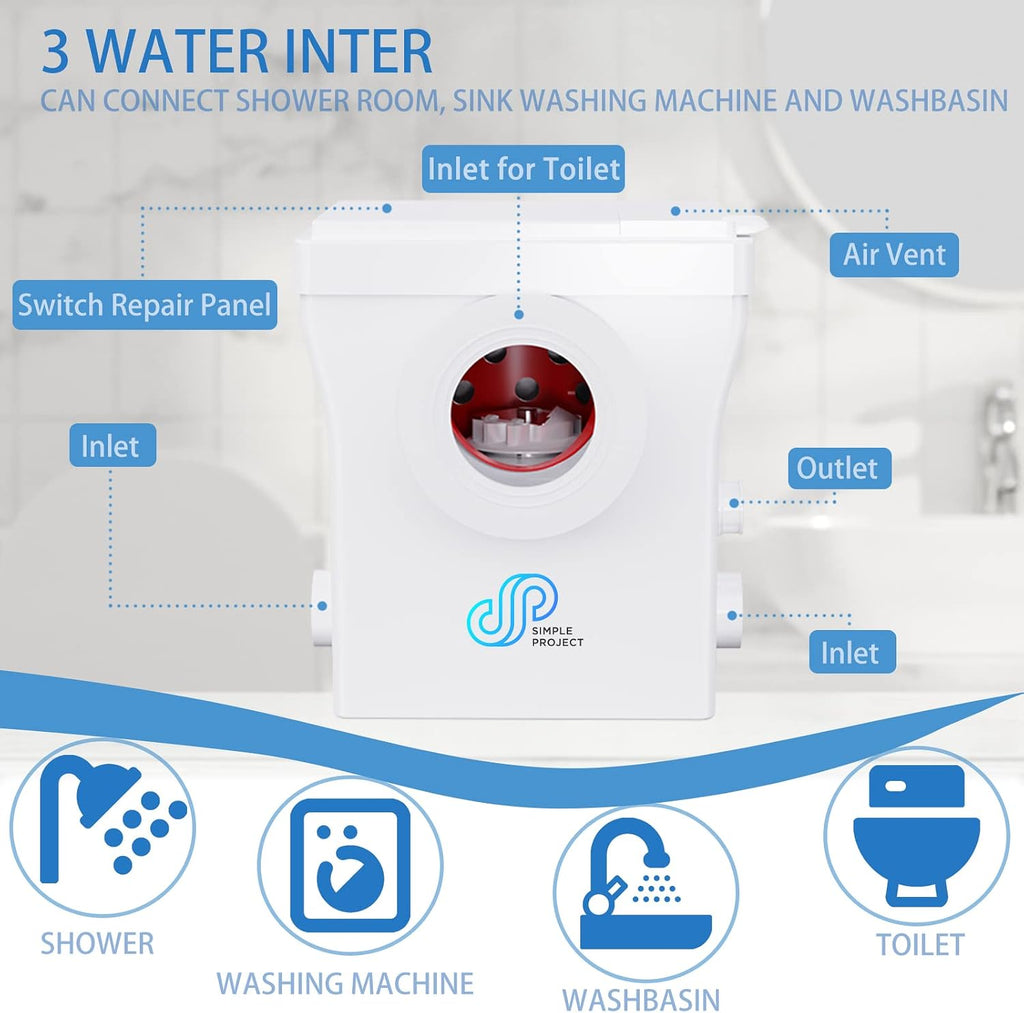 Simple Project 600w Upflush Toilet For Basement | One Piece Macerating Toilet With Macerator Pump System | Macerating Toilet System With 3 Water Inltes For Bathroom, Laundry, Sink