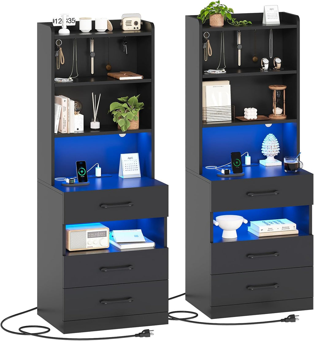 AOGLLATI Tall Night Stand Set of 2 with Charging Station and LED Lights, Black Nightstand with 3 Drawers and Adjustable Shelves, Modern Bedside Table with Bookshelf for Bedroom