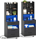 AOGLLATI Tall Night Stand Set of 2 with Charging Station and LED Lights, Black Nightstand with 3 Drawers and Adjustable Shelves, Modern Bedside Table with Bookshelf for Bedroom