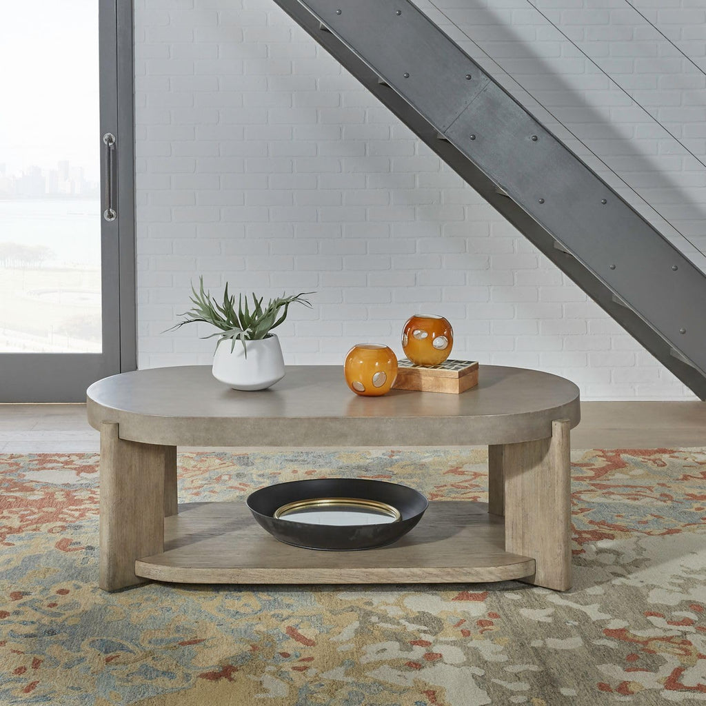 Liberty Furniture Affinity Oval Cocktail Table with Casters for Living Room - Dusty Taupe Faux Concrete Tops