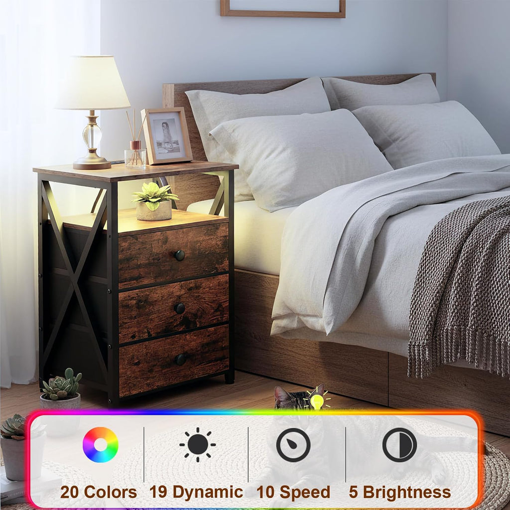 AMHANCIBLE Night Stand Set 2, LED Nightstand with Charging Station, End Side Tables with USB Port & Outlet, Bedside Tables with 3 Fabric Drawers for Bedroom, Rustic Brown HET053LBR