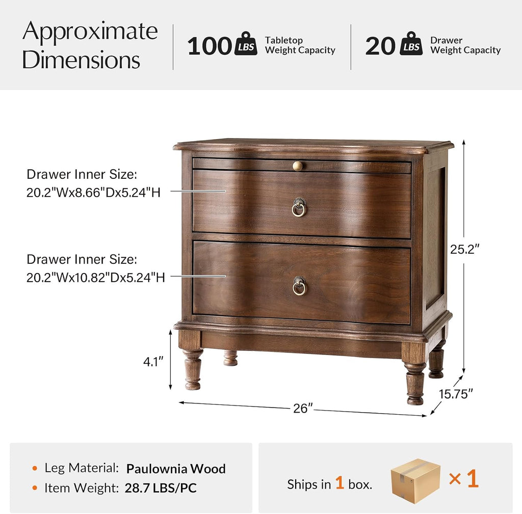 HULALA HOME Solid Wood Storage End Tables with Hidden Pull-Out Shelf, Transitional 2 Drawer Side Tables with Charging Station, Large SideTables with USB Ports, Easy Assembly(Set of 2, Walnut)
