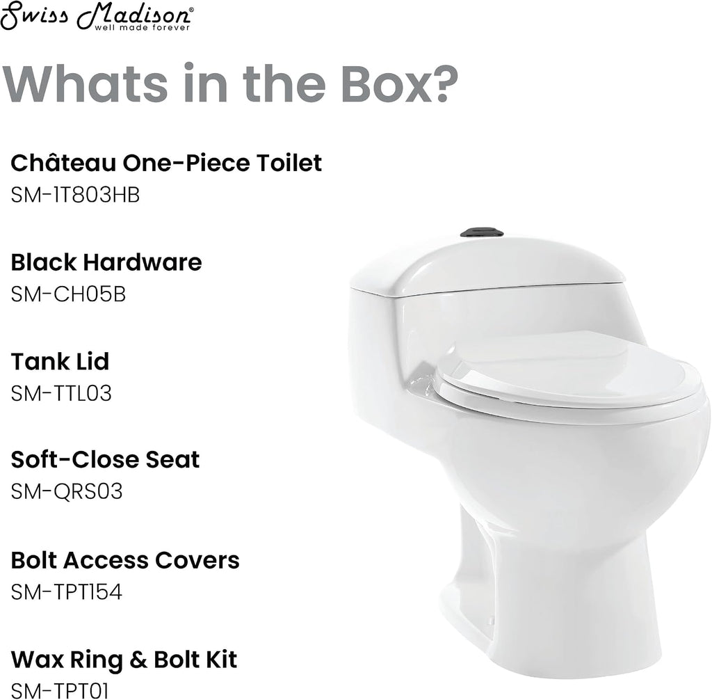 Chateau One Piece Elongated Toilet Dual Flush, Black Hardware 1.1/1.6 gpf