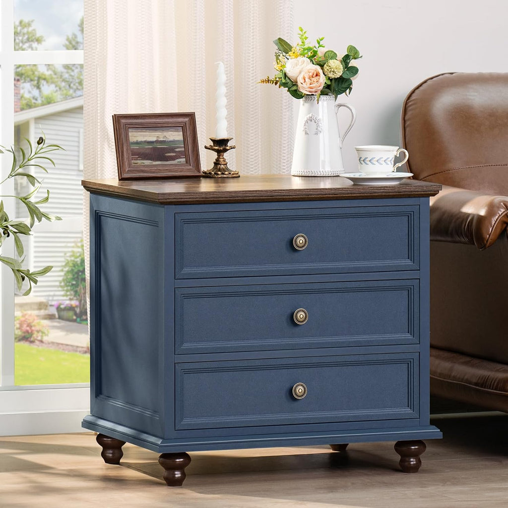 Joaxswe 24' Wide Farmhouse Night Stand,Large End Table with 3 Drawers & Metal Handle,Navy Blue Dresser for Bedroom, Wood Bed Side Table Chest of Drawers, Nightstand Cabinet for Living Room,Closet