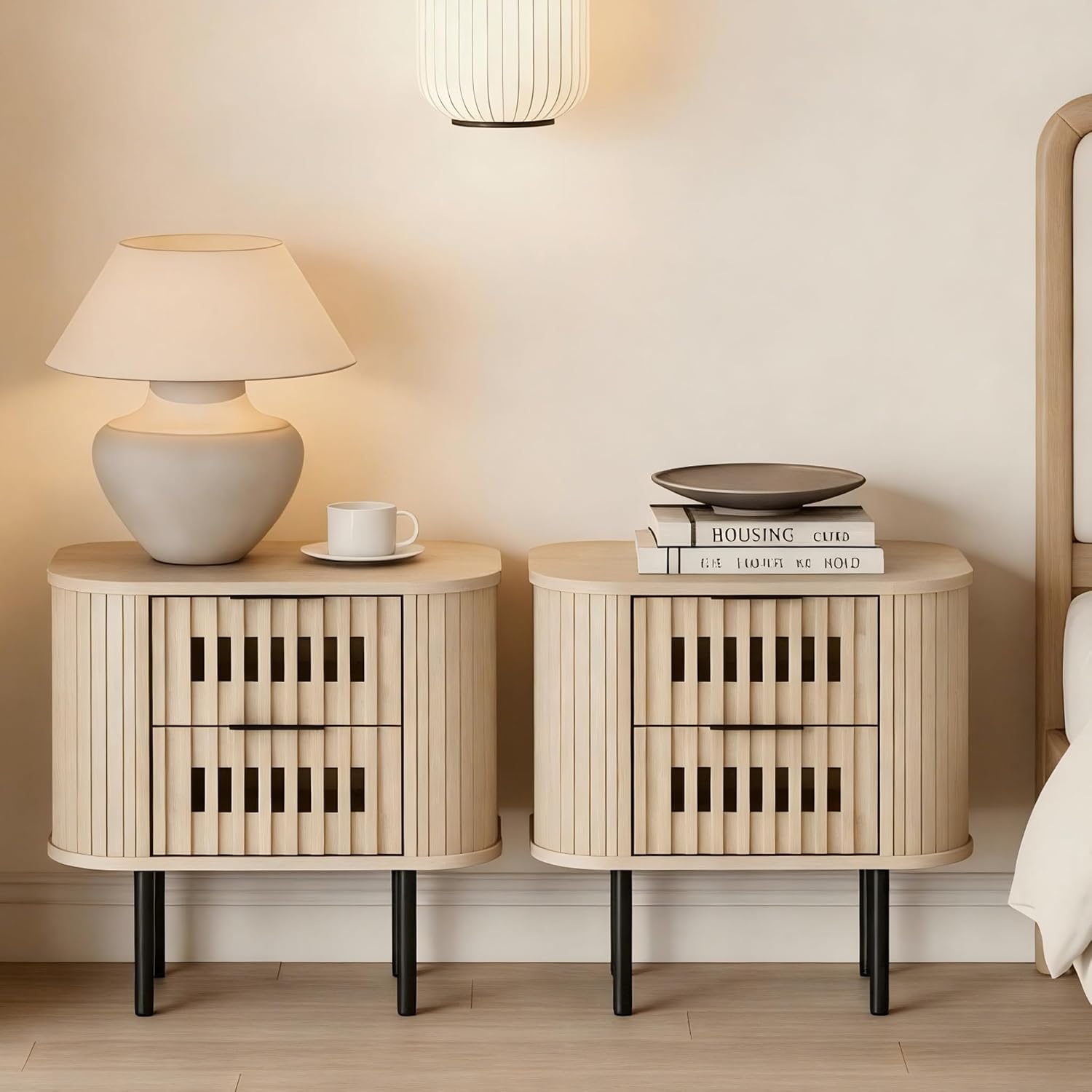 WAMPAT Fluted Nightstand Set of 2, Modern Woode End Table with 2 Drawers, Storage Bedside Table for Bedroom and Living Room, Natural, 2 Pack