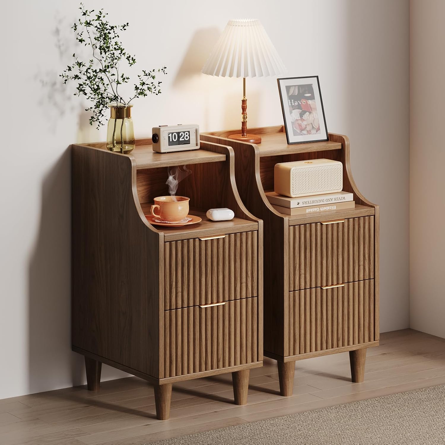 Narrow Nightstand Set of 2,11.8' Fluted Bedside Table Set of 2, Slim Side End Table with 2 Drawers, Wooden Bedside Table, Mid Century Modern Night Stand for Bedroom Livingroom Sofa Office