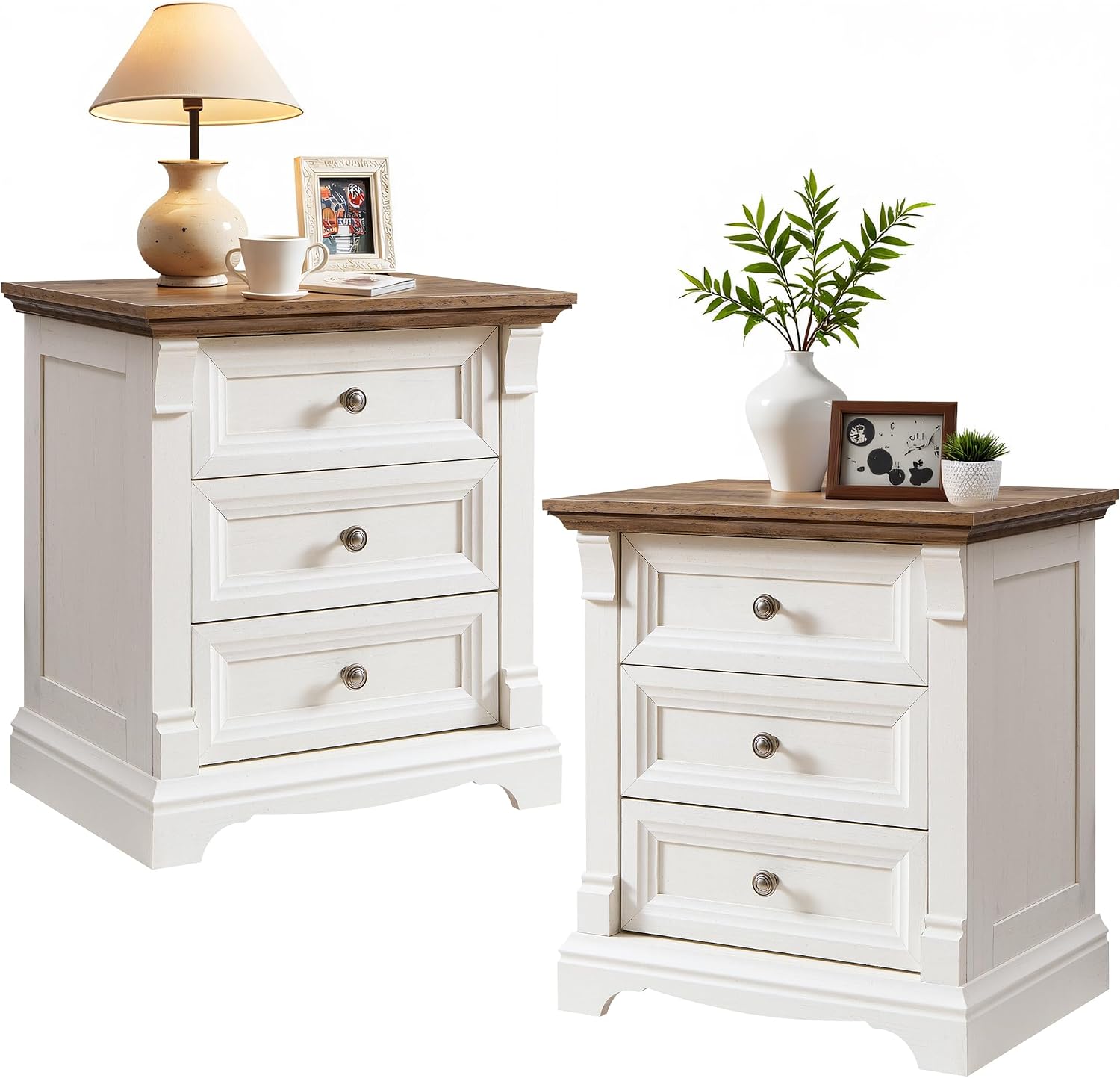 T4TREAM Farmhouse Nightstand Set of 2, 23.6' End Table with 3 Drawers Storage, Wood Side Table w/Roman Column, End Tables Living Room Set of 2, Bedside Cabinet for Bedroom, Living Room, Antique White