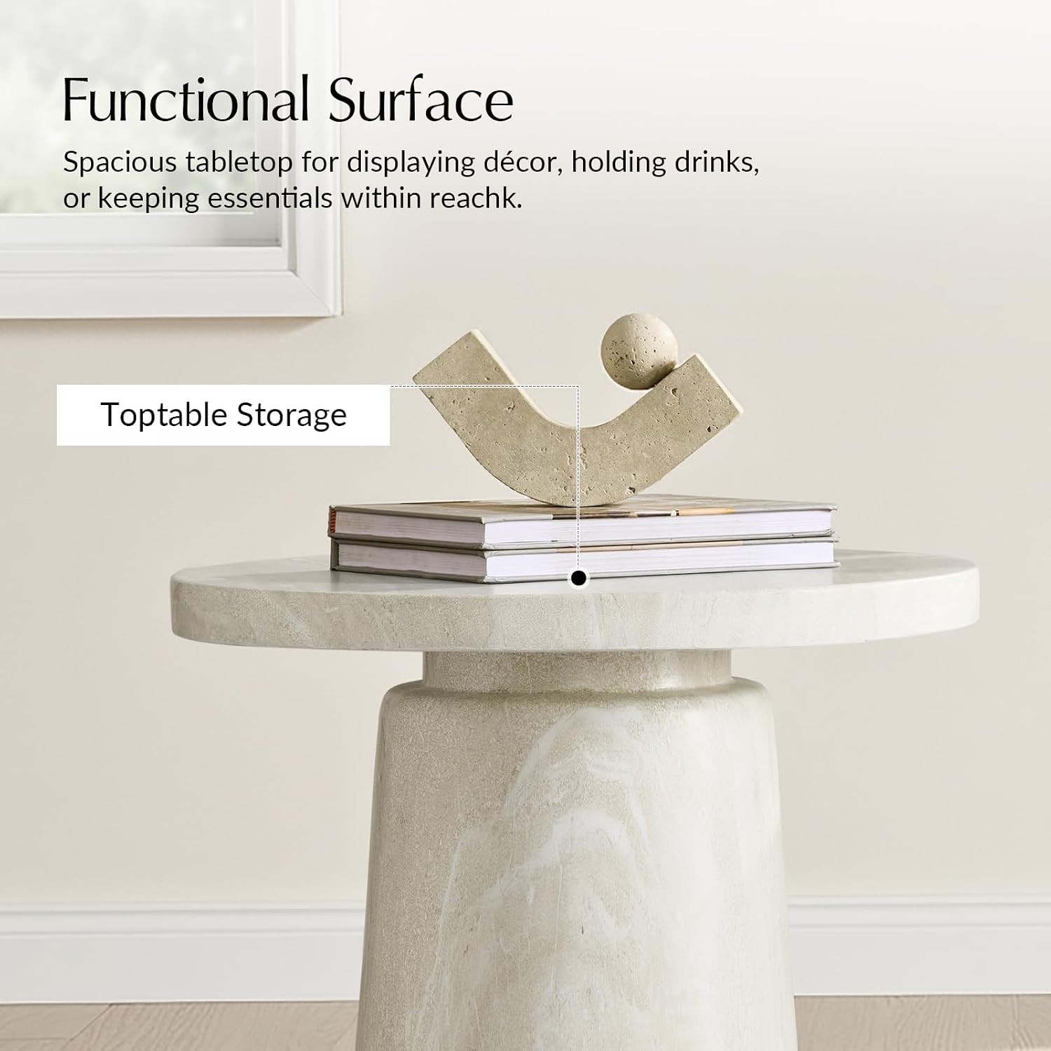 HULALA HOME Sculptural Round End Table with Pedestal Base, Faux Marble Accent Table for Modern Living Room(Beige)