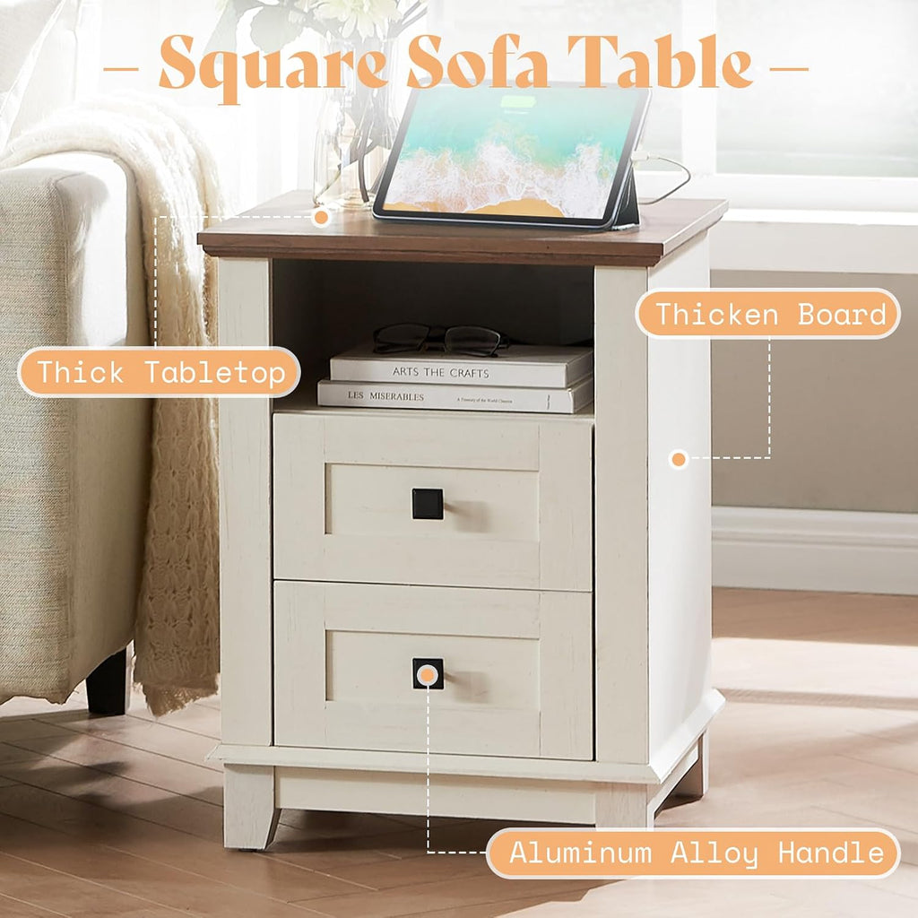 AMERLIFE Farmhouse 4-Piece Living Room Set, Entryway Console with Adjustable Shelves, Pair of 18' End Tables with Charging Station, Large Rectangular Coffee Table with Sliding Barn Doors, Rustic White
