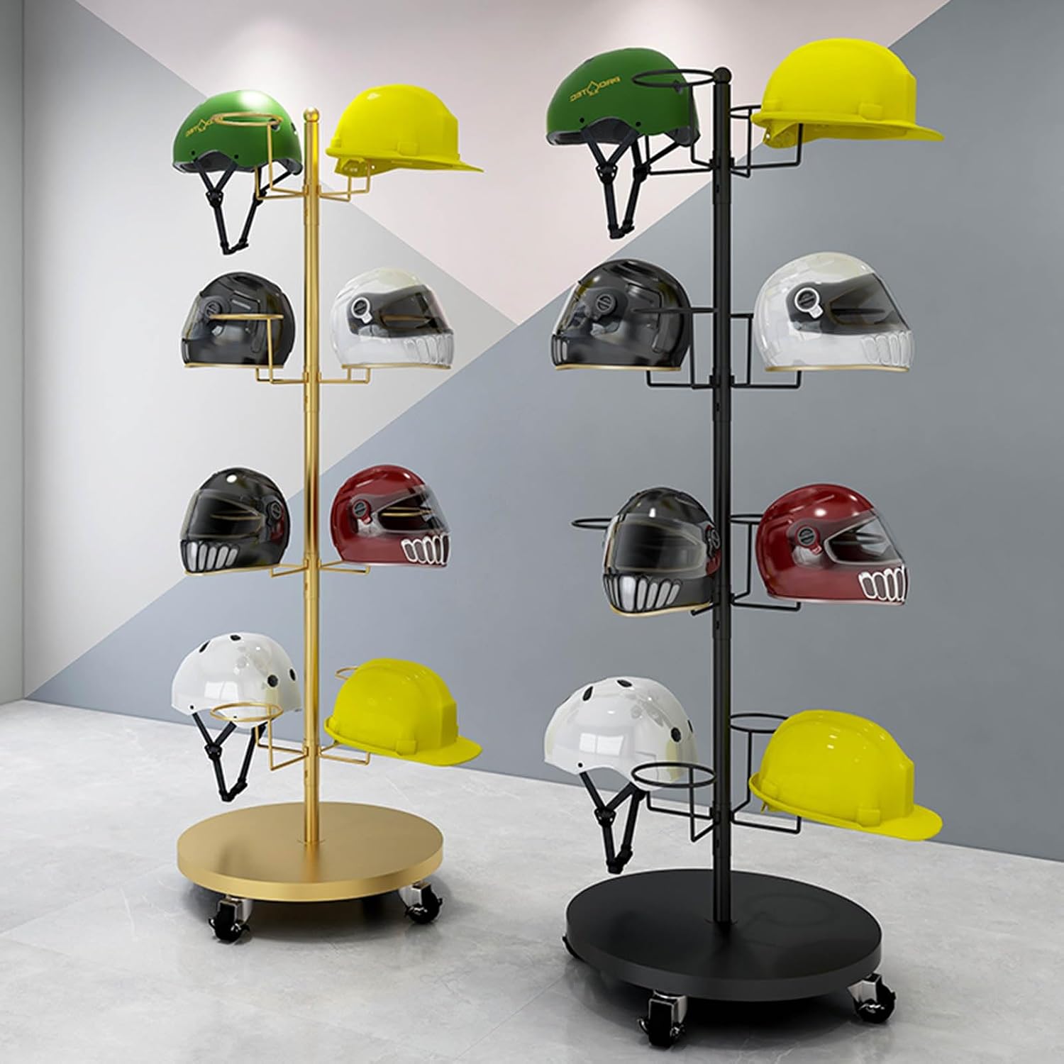 Hat Rack Helmet Stand Adjustable Swivel Hat Organizer Rack - Mobile Metal Hat Display Stand for Motorcycle Helmet, Commercial Floor Standing, Modern Baseball Cap and Fedora Hat Rack, Hard Hat Storage