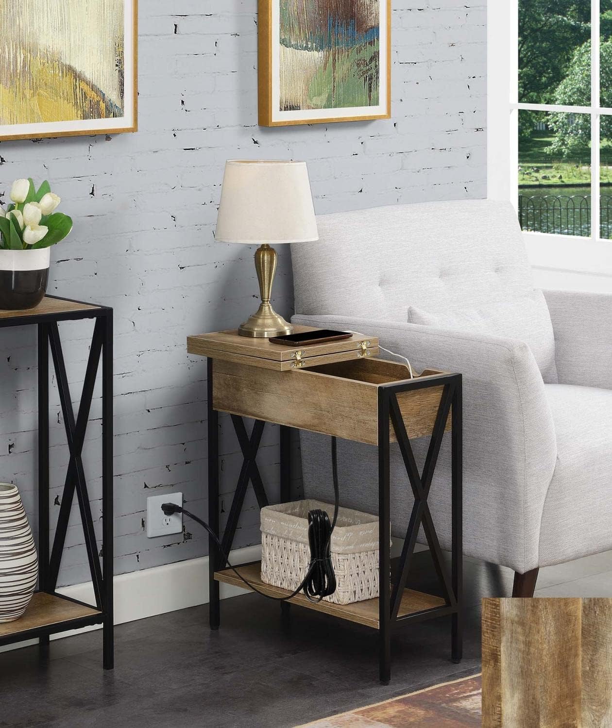 Convenience Concepts Tucson Flip Top End Table with Charging Station 23.75' - Modern Living Room Table with Storage Shelf, Side Table Side Table, Weathered Barnwood/Black