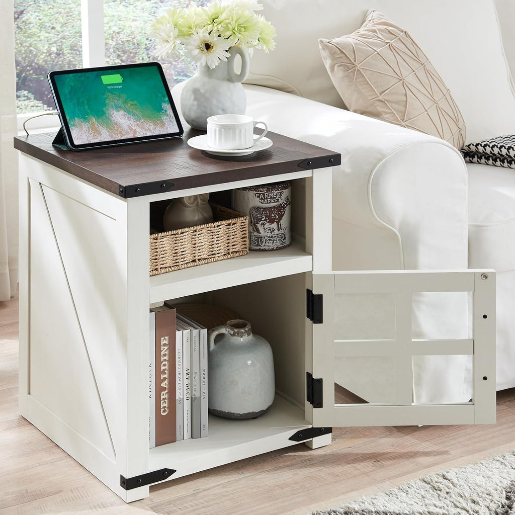 Barnyatoh Farmhouse Nightstand with Charging Station, Rustic End Table with Tempered Glass Barn Door, Wood Sofa Side Bedside Table with Open Storage Shelf for Living Room, Bedroom, White, 2 Pack