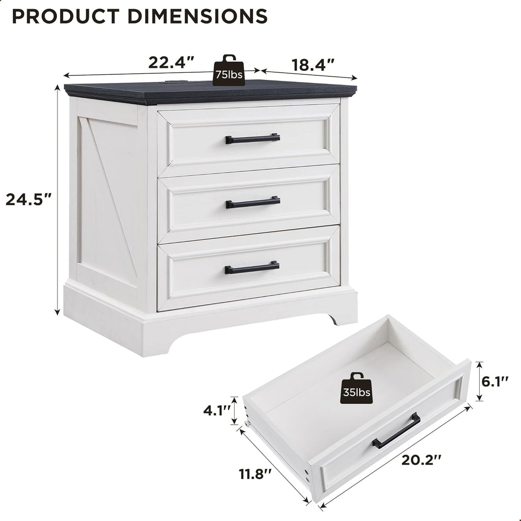 JXQTLINGMU Farmhouse End Table, 22 Inch Wide Nightstand with Drawers, Modern Side Table with Charging Station for Living Room, Off White