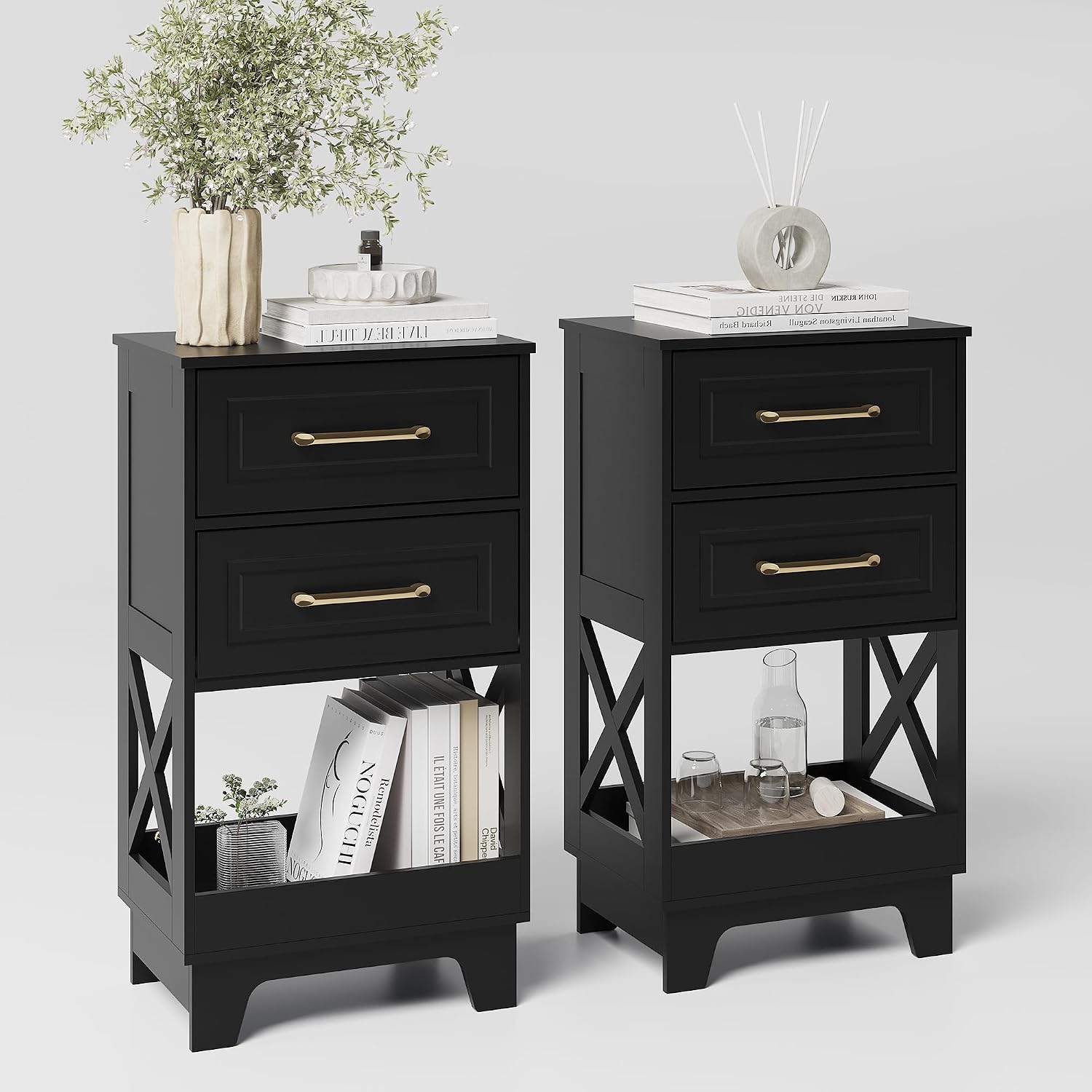Tall Nightstand Set of 2 Side Table with 2 Drawers Modern Night Stand Wooden End Table Bedside Table with Below Open Shelf Solid Feet for Bedroom Black