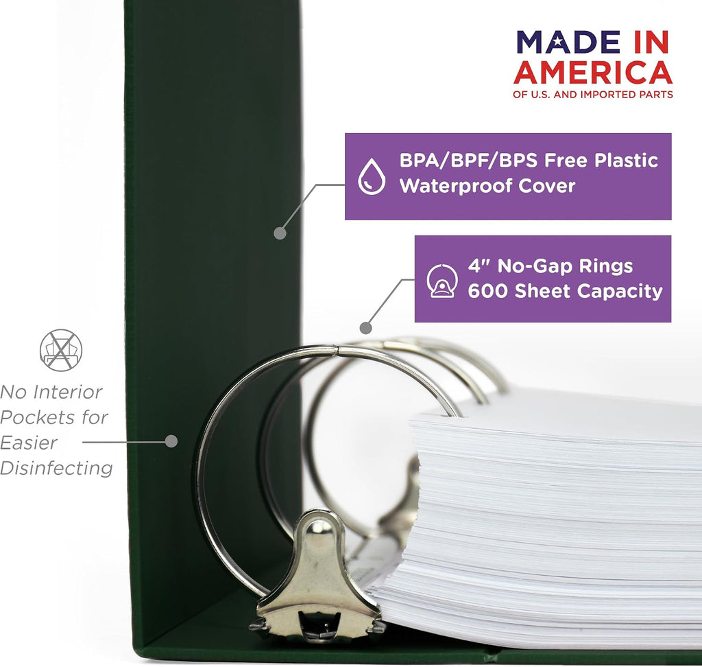 Carstens 4-Inch Heavy Duty Round Ring Binder for Medication Administration Records – Side Opening Forest Green, Case of 10, Durable Plastic No Pockets, Holds 600 Letter Sheets, Made in USA (1881-3RCS)