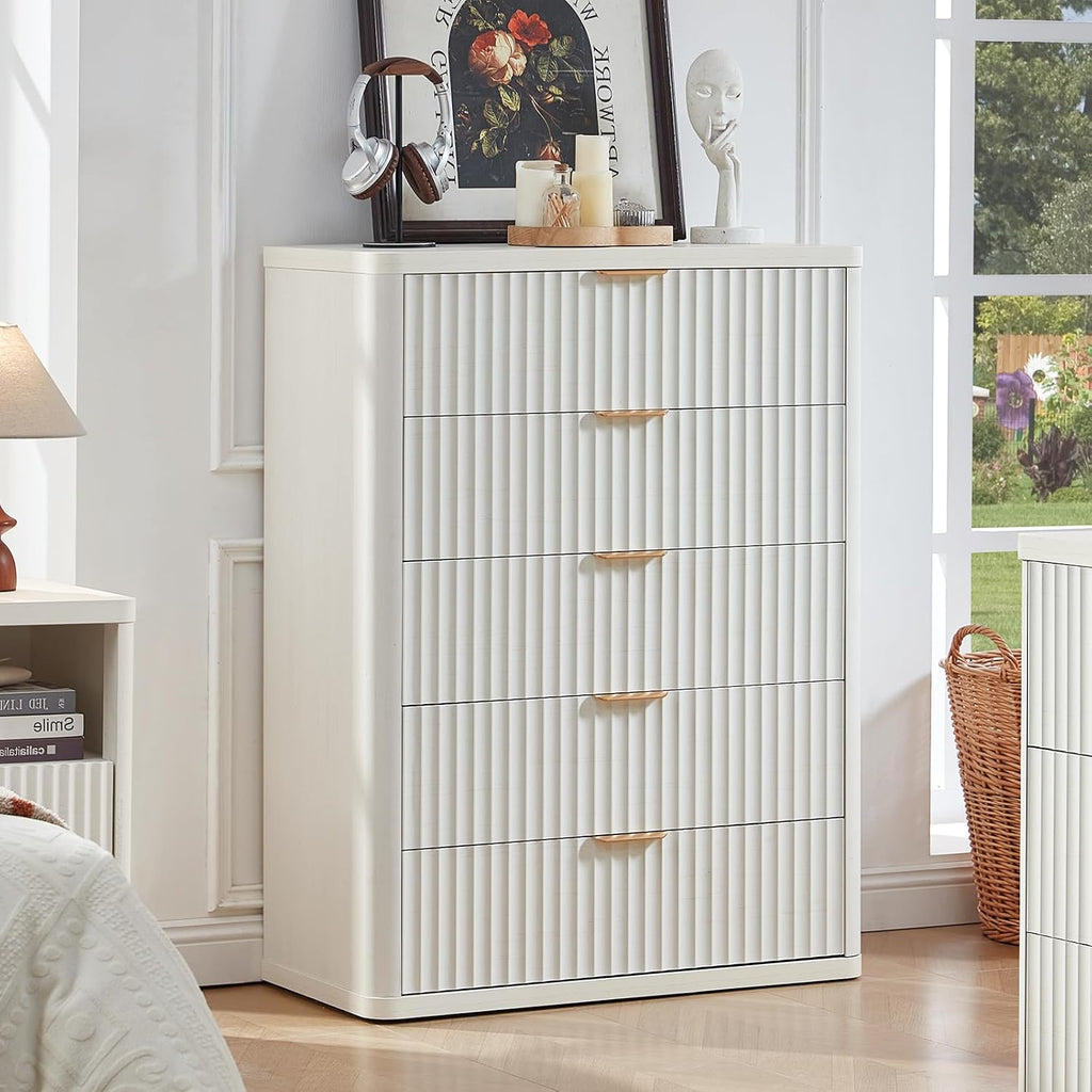 LEYAOYAO Fluted 5 Drawers Dresser for Bedroom, 41' Tall Modern Chest of Drawers with Metal Handle, Curved Profile Farmhouse Closet Organizer Wood Dressers TV Stand for Living Room,Antique White
