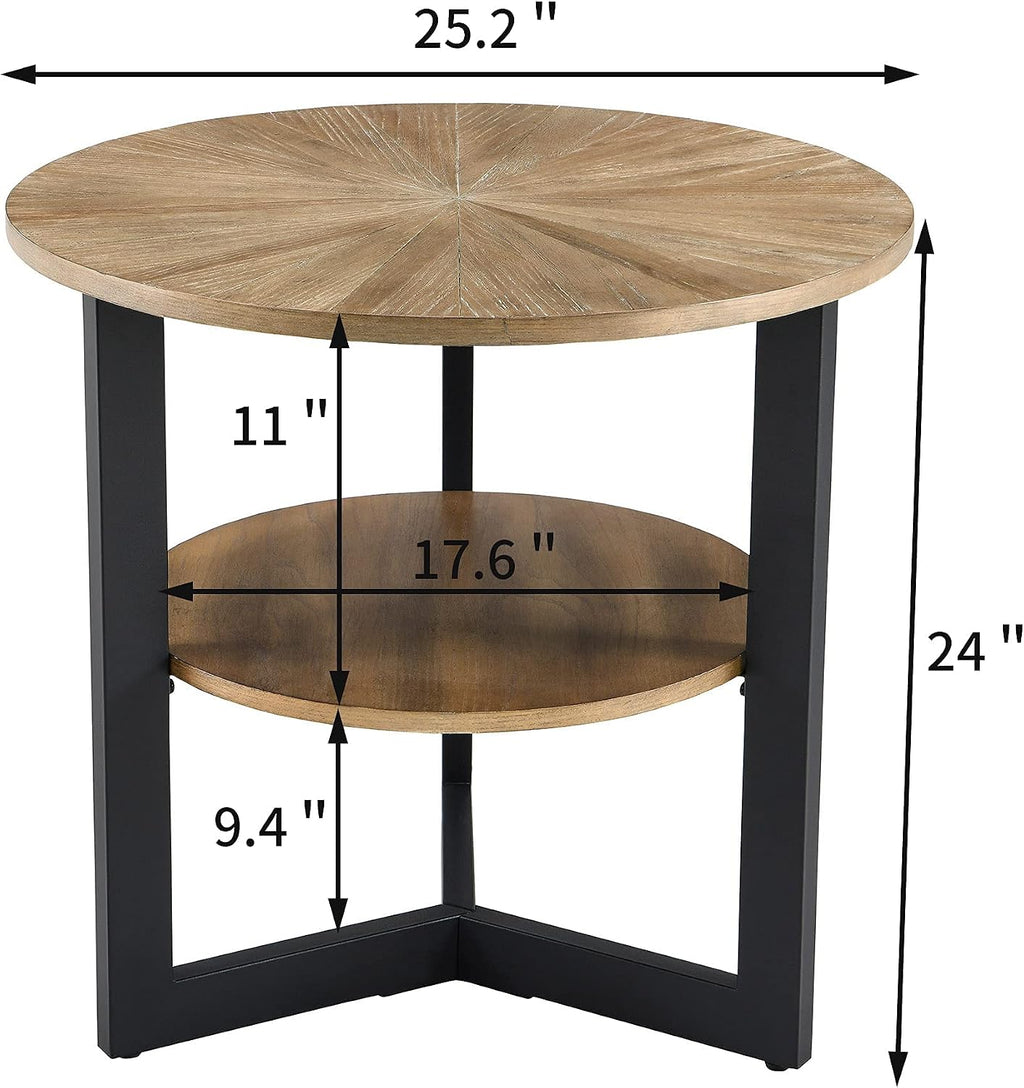 Round Large End Table with 2 tire Storage Shelf, 25.2' Solid Wood Sofa Side Table with Black Metal Frame, Beside Table for Living Room,Small Space Rustic Natural CJZ1338