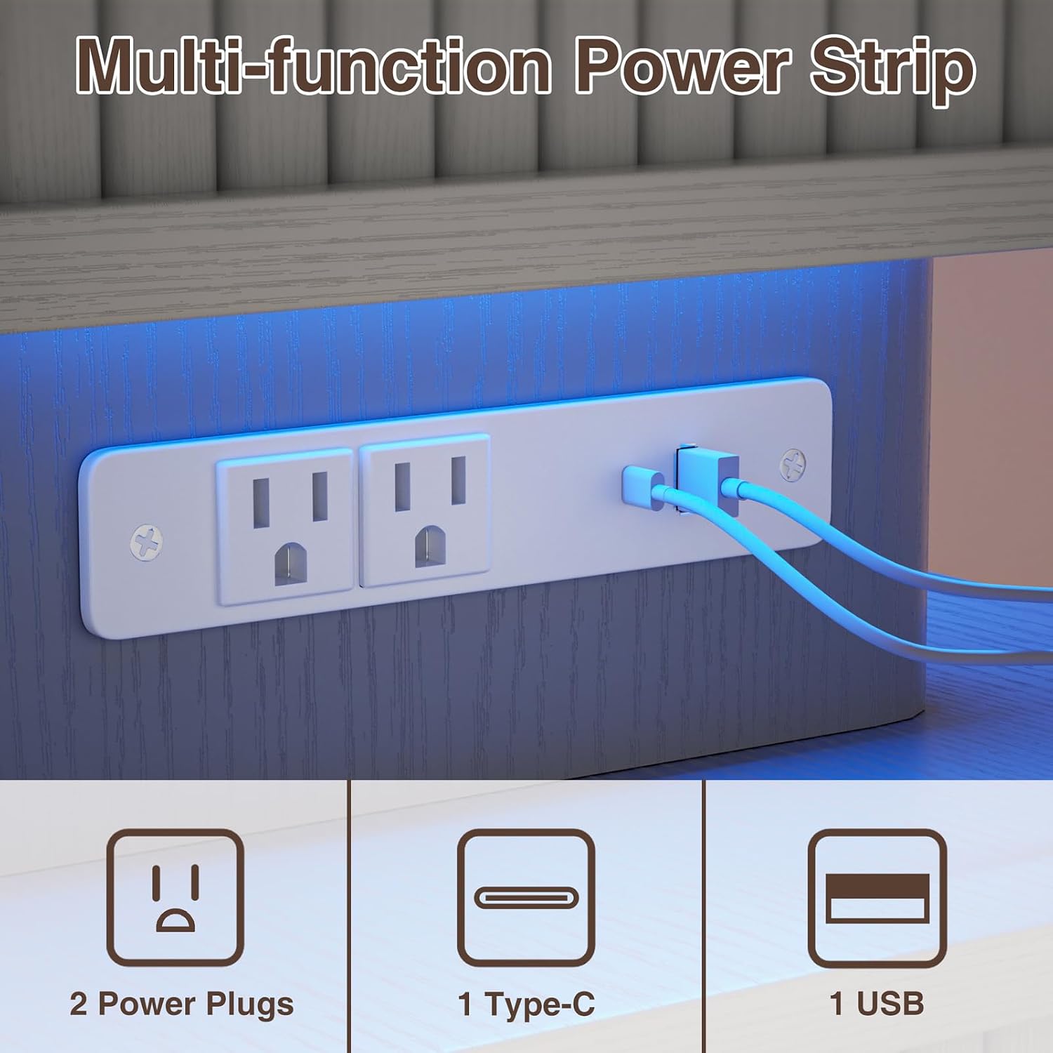 Set of 2 LED Light End Table with Charging Station, Grey Mid Century Bedside Table with USB Type A C Ports, Small Fluted Accent TV Control Nightstand with Sliding Door for Living Room, Curvy Edge