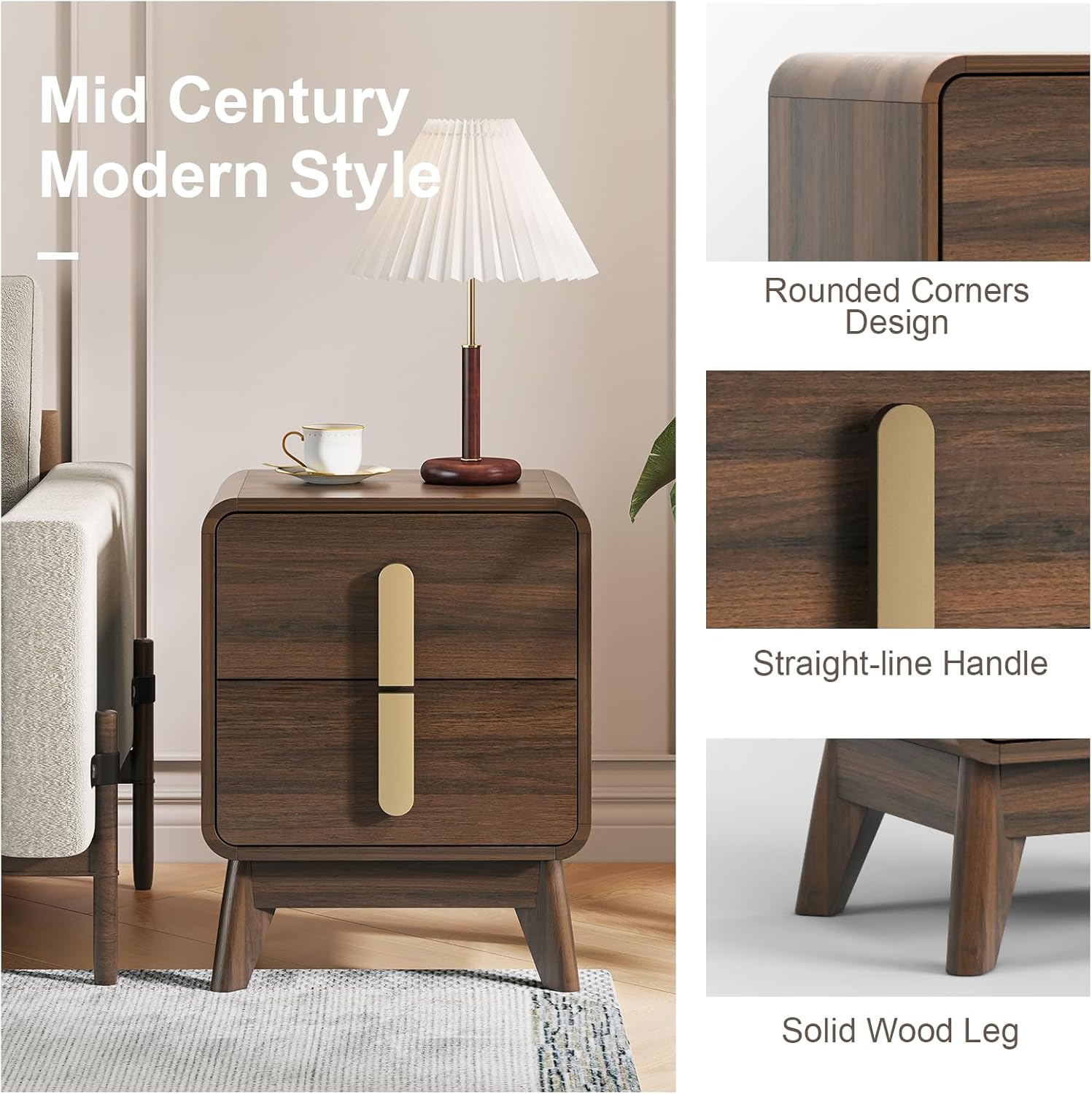 JOINICE, Nightstands Set of 2, Mid Century Modern Nightstand with Drawers, Bedside Tables with Solid Wood Legs, End Side Tables for Bedroom, Small Space,Walnut
