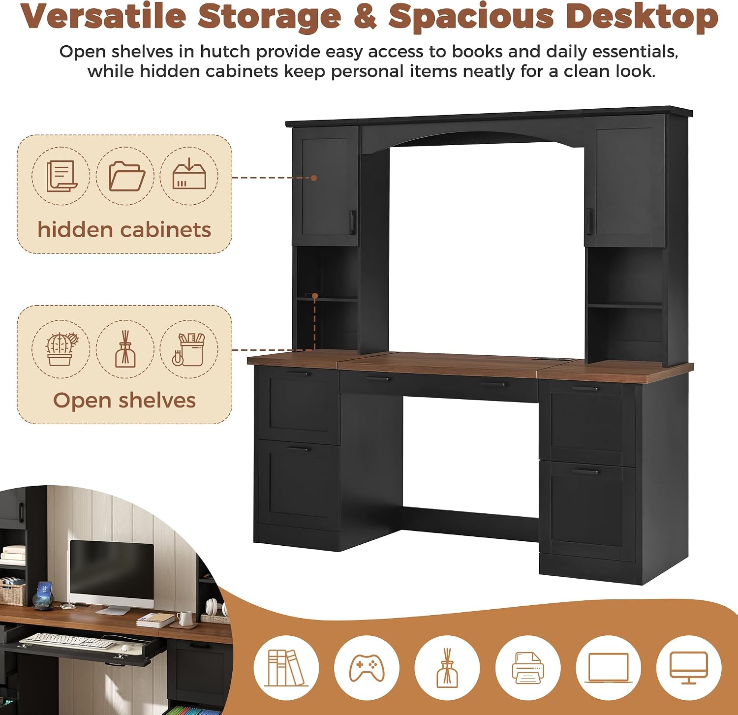 Farmhouse Arched Computer Desk with Hutch,Walnut Home Office Workstation with Charging Station & Keyboard Tray,All-in-One Writing Desk for Study, Office (Black-FA)