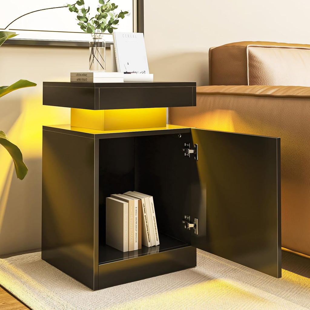 LED Nightstands Set of 2, 17 Inches Night Stand Set 2, Modern Bedside Table with LED Lights, High Gloss Surface, End Table with Storage for Bedroom, Black