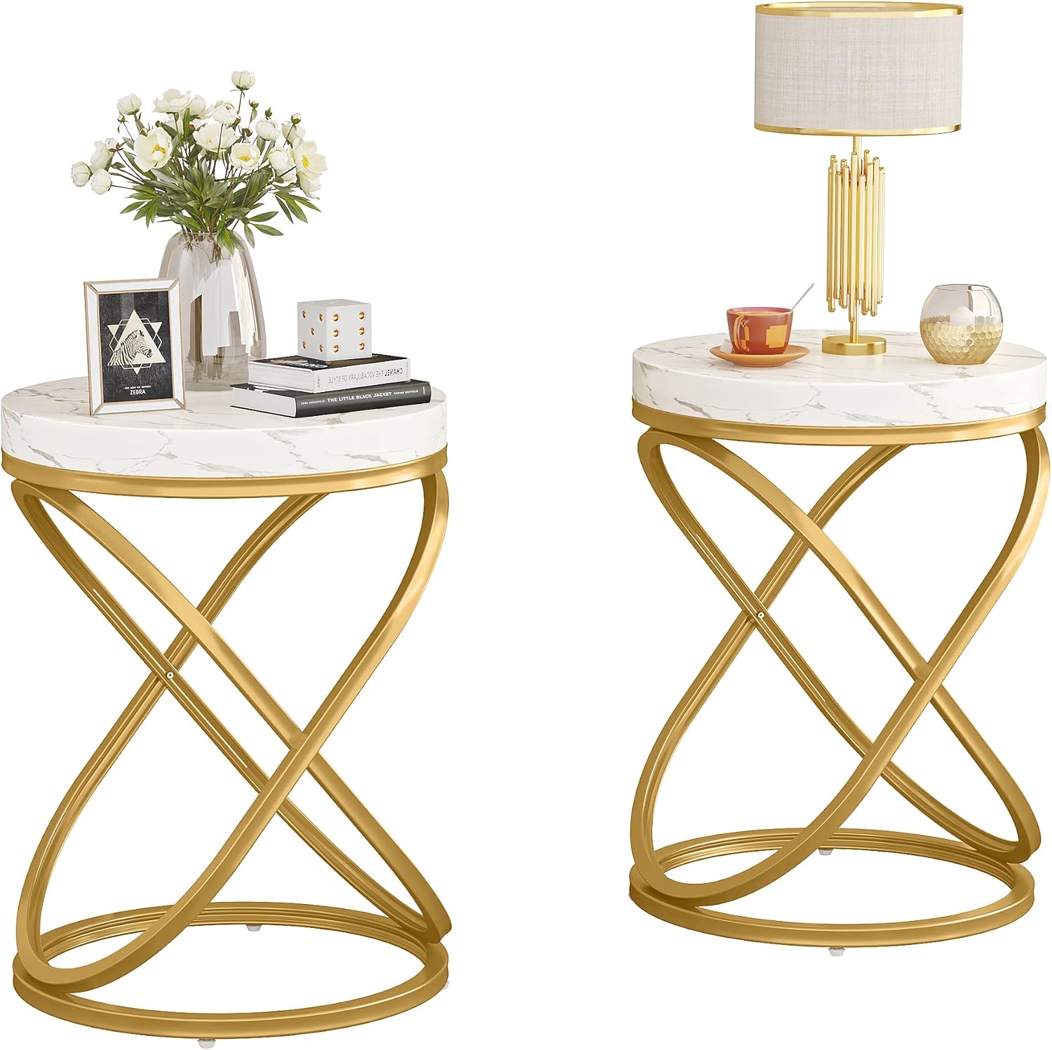 Tribesigns End Tables Living Room Set of 2, 26 Inches White and Gold Faux Marble Top Nightstands Sofa Side Table with Double X-Shaped Ring Unique Design for Bedroom