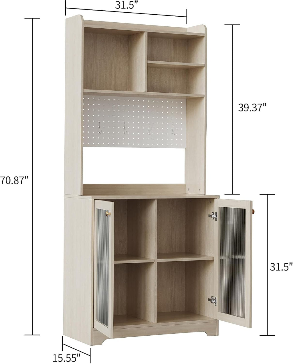71' Tall Pantry Cabinet with 2 Glass Doors, Freestanding Kitchen Storage Cabinet with Open Storage & Adjustable Shelves, Modern Farmhouse Cupboard Coffee Bar for Dining Room, Living Room, Natural
