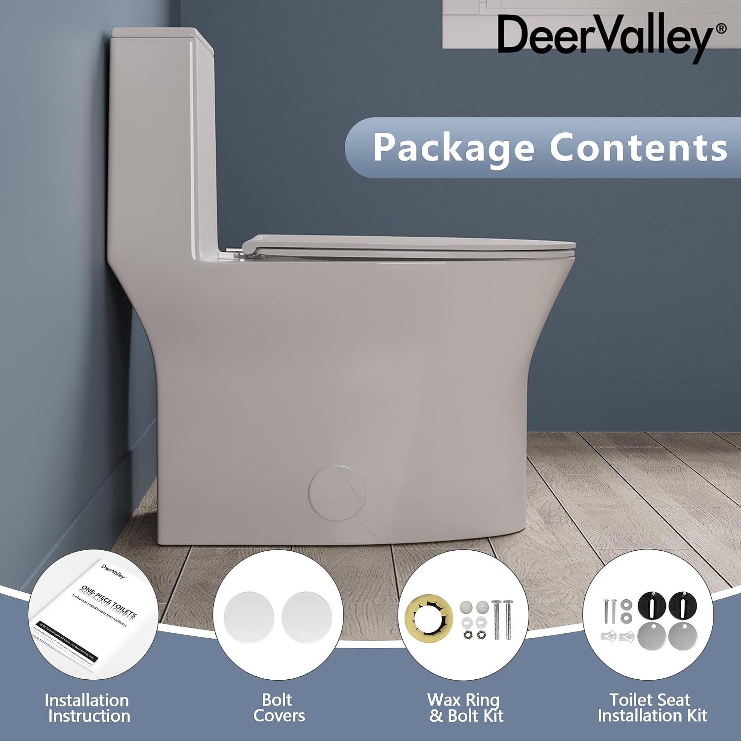 DeerValley Compact One-Piece Toilet for Small Bathrooms, Dual Flush 0.8/1.28 GPF, 900g MAP, Round Bowl, Soft-Close Seat, 12' Rough-In, Space-Saving Design