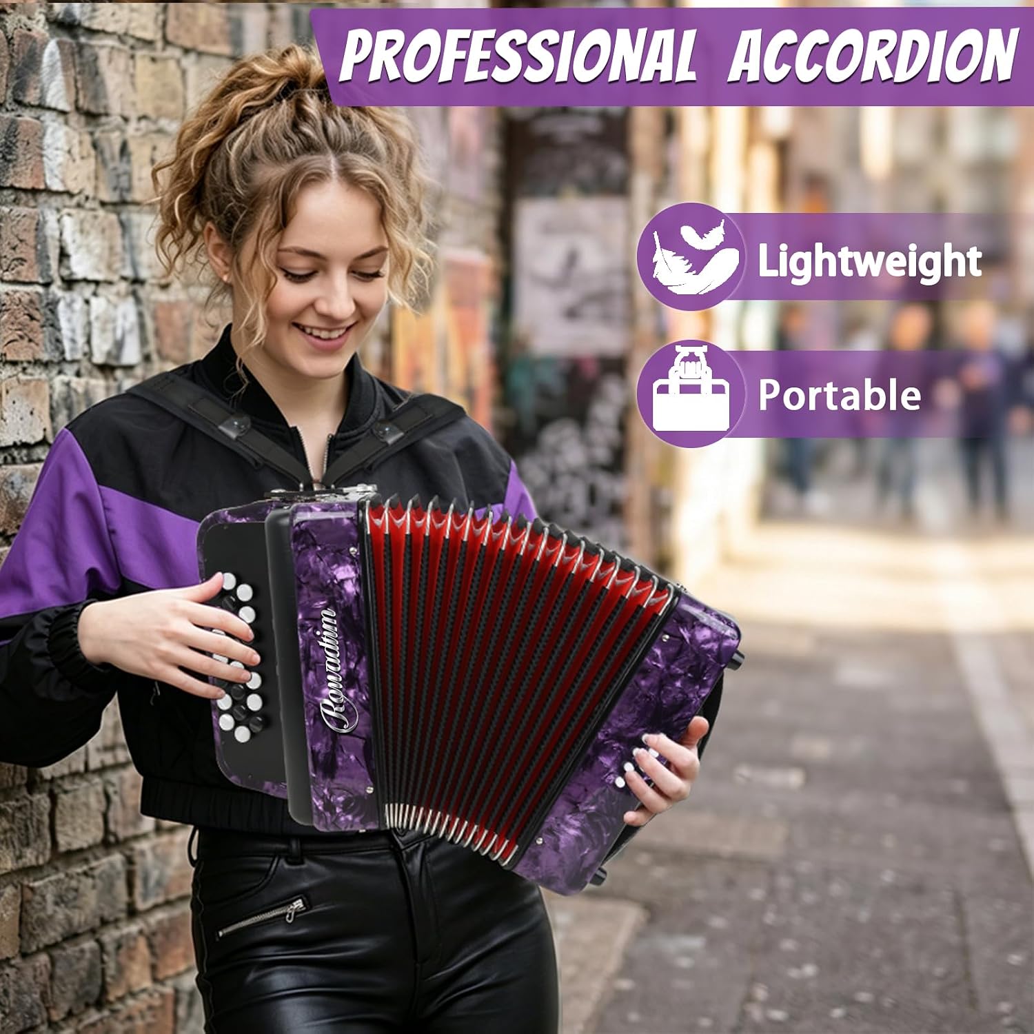 Accordions,22 keys Accordion,8 Bass Student Piano accordions Suitable for beginners and students Lightweight and portable, comes with a backpack and adjustable straps (8 Bass, Purple)
