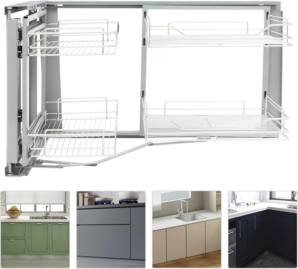 Blind Corner Cabinet Pull Out Right, 15 Inch Blind Corner Cabinet 2 Tiers Organizer Adjustable Design, Hidden Slide Out Shelves for Store Kitchen Utensils (Pull Out Left & Right, Style2)