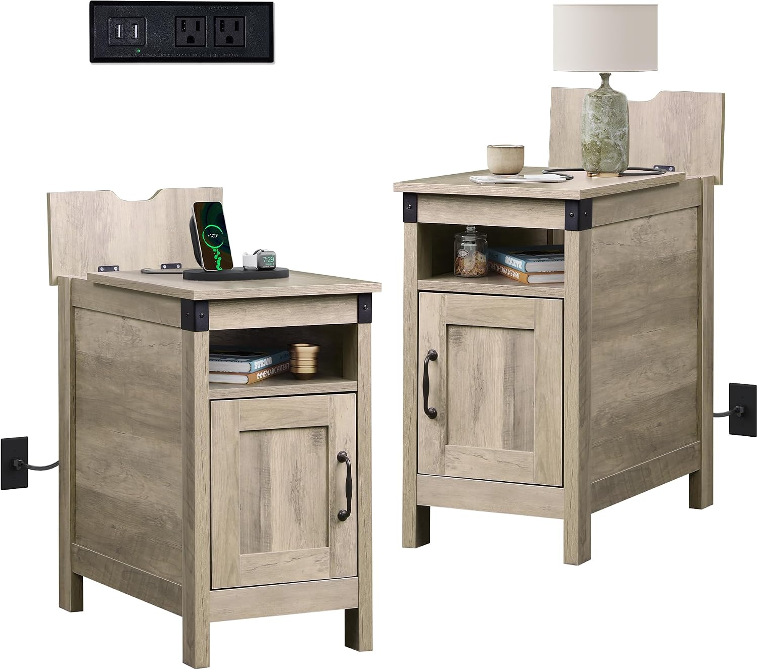 WLIVE Farmhouse End Table Set of 2 with Charging Station, Narrow Side Tables Living Room, Bedroom, Couch with USB Ports and Outlets, Wood Nightstand Sets with Storage, Greige