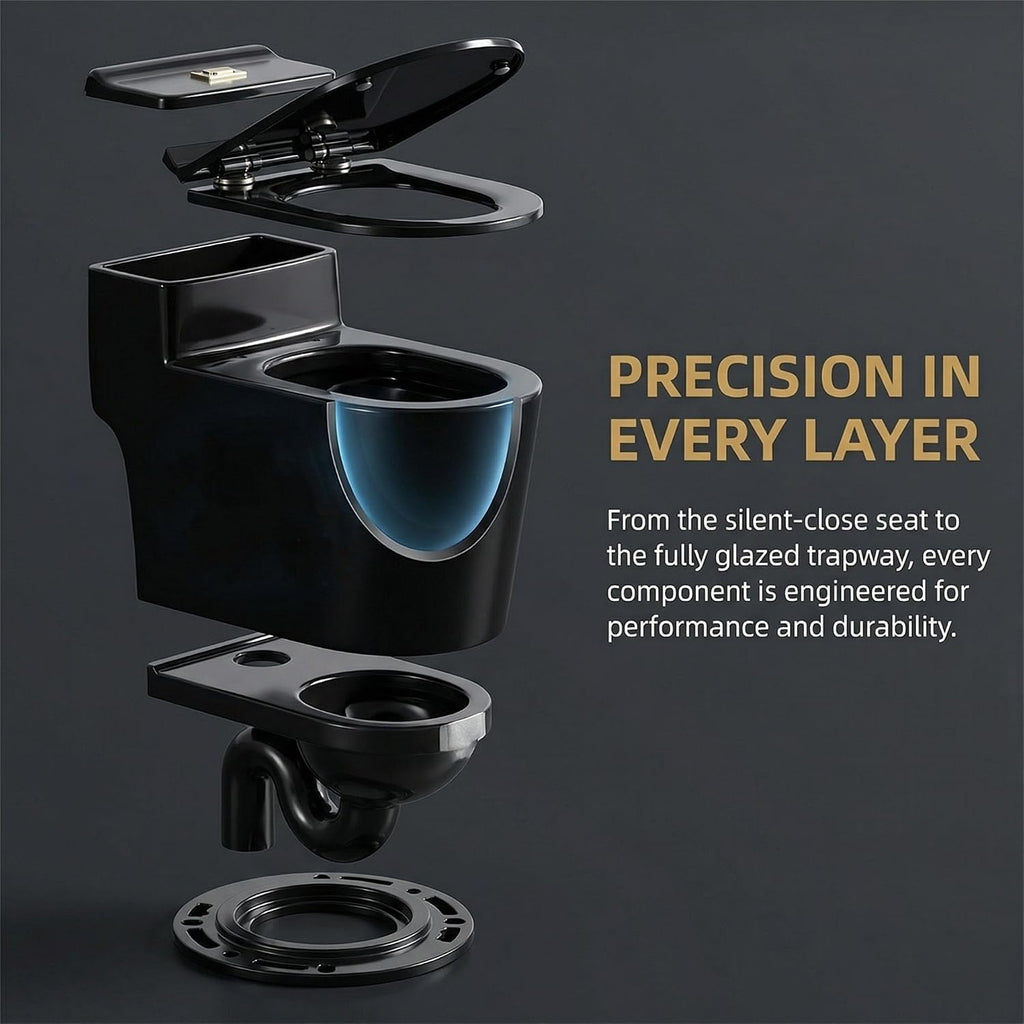 Compact One Piece Toilet, Dual Flush 1.45 Gallons GPF Elongated Standard Toilet for Bathroom, 12' Rough-In, Floor Mounted Comfort Height, Black (Seat Included)