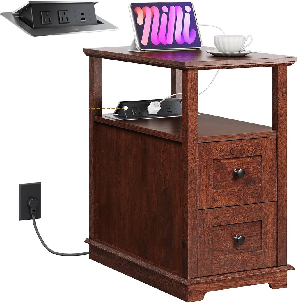 WLIVE End Table with Charging Station, Narrow Side Table for Living Room, Farmhouse Nightstand with Storage, Small Wooden Cabinet with USB Ports and Outlets for Living Room and Bedroom, Cherry