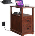 WLIVE End Table with Charging Station, Narrow Side Table for Living Room, Farmhouse Nightstand with Storage, Small Wooden Cabinet with USB Ports and Outlets for Living Room and Bedroom, Cherry