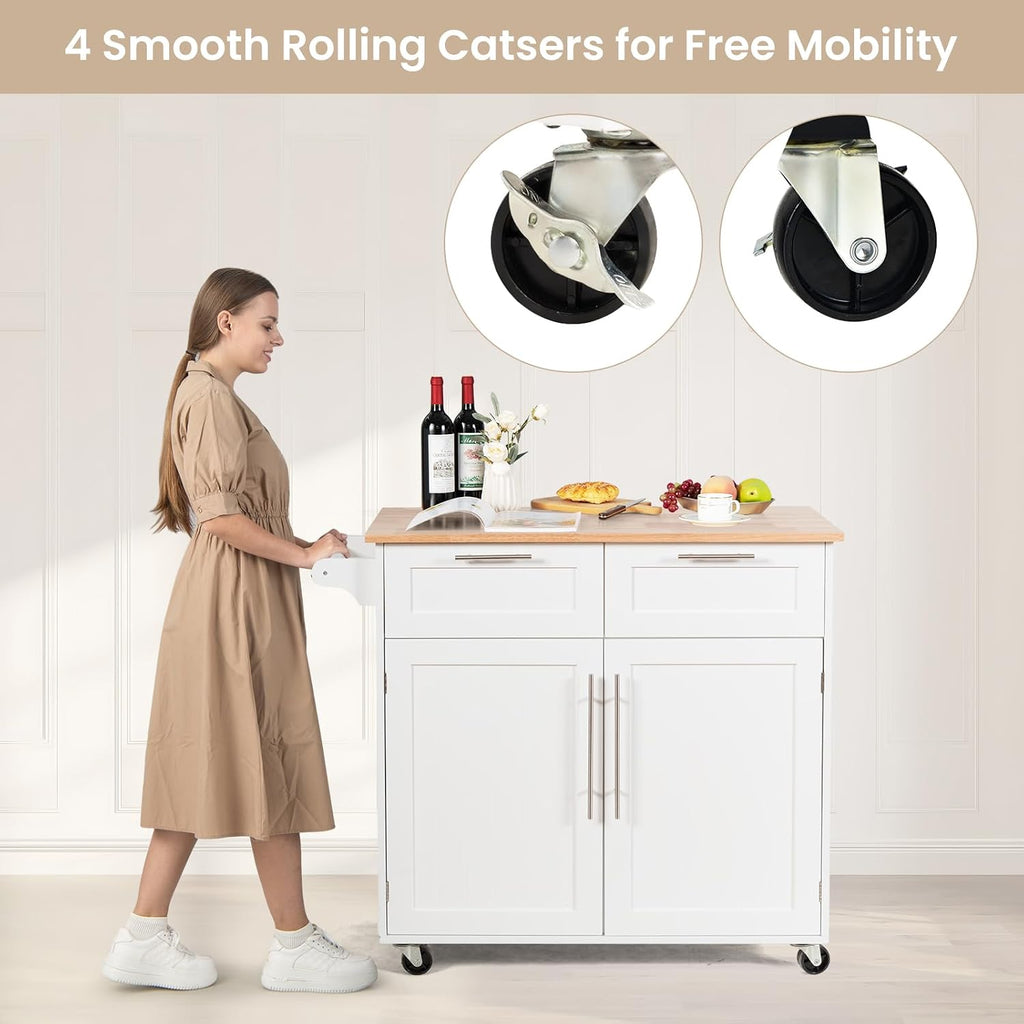Kitchen Island with Storage, Mobile Kitchen Trolley Cart with Wheels, Rubber Wood Top, Adjustable Shelves, Towel Rack & Drawers, Rolling Kitchen Island Cart, 37' L x 18' W x 37' H (White)