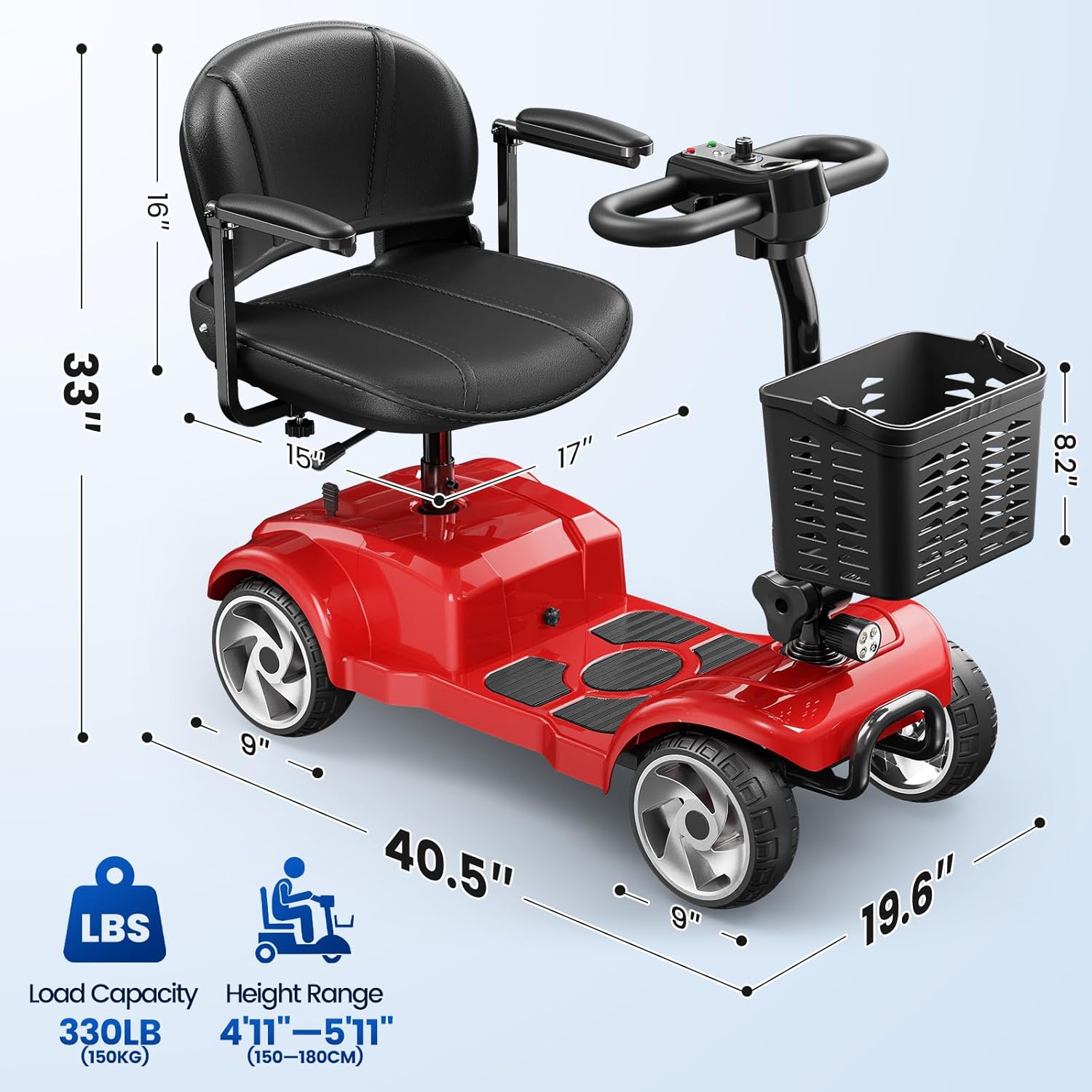 4 Wheel Electric Mobility Scooter for Adults and Seniors, 20 Miles Range Foldable Electric Scooter, Compact Heavy Duty Mobile for Cruise Travel with 300 lb Capacity, Powered Electric Wheelchair, Red