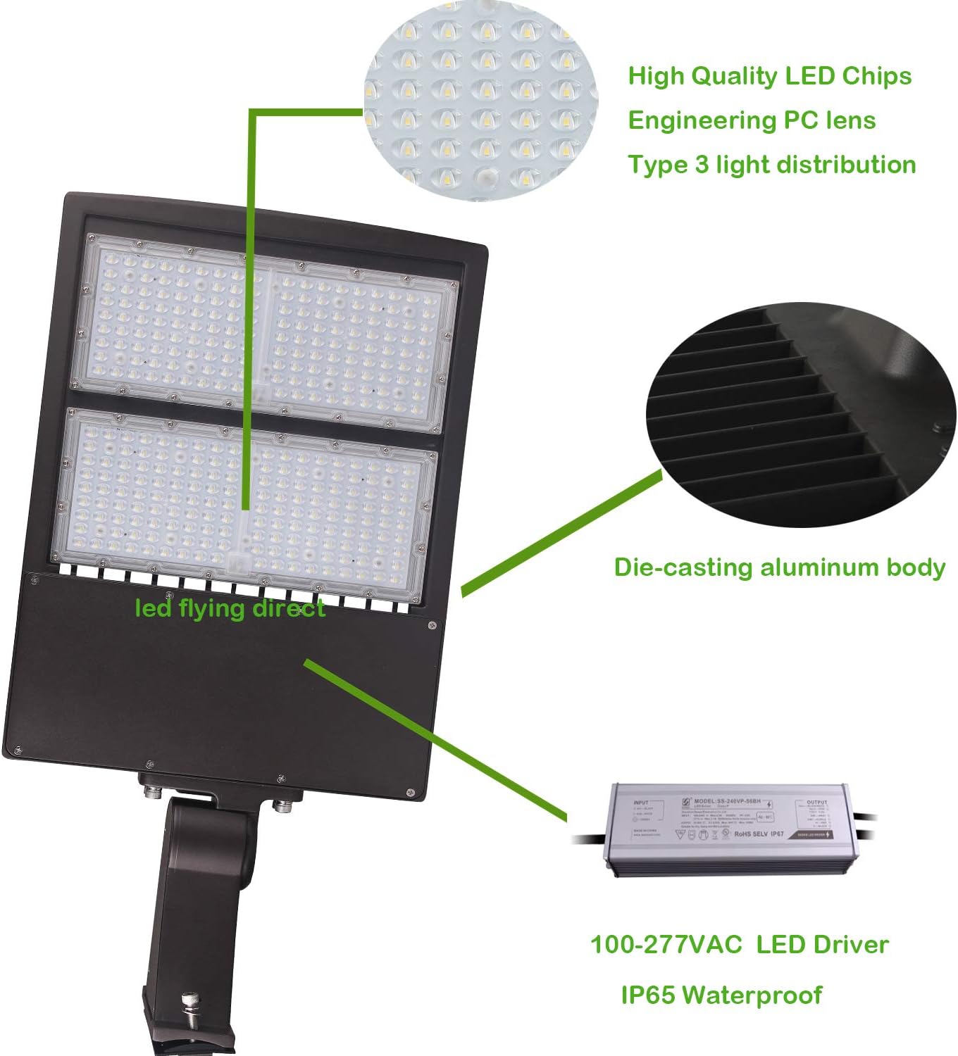 200W LED Parking Lot Light, 28000LM Dimmable LED Pole Light, Surge Protector, 600W MH Equivalent, 5000K, UL Listed, Direct Pole Arm Mount, 100-277V Street Area Light