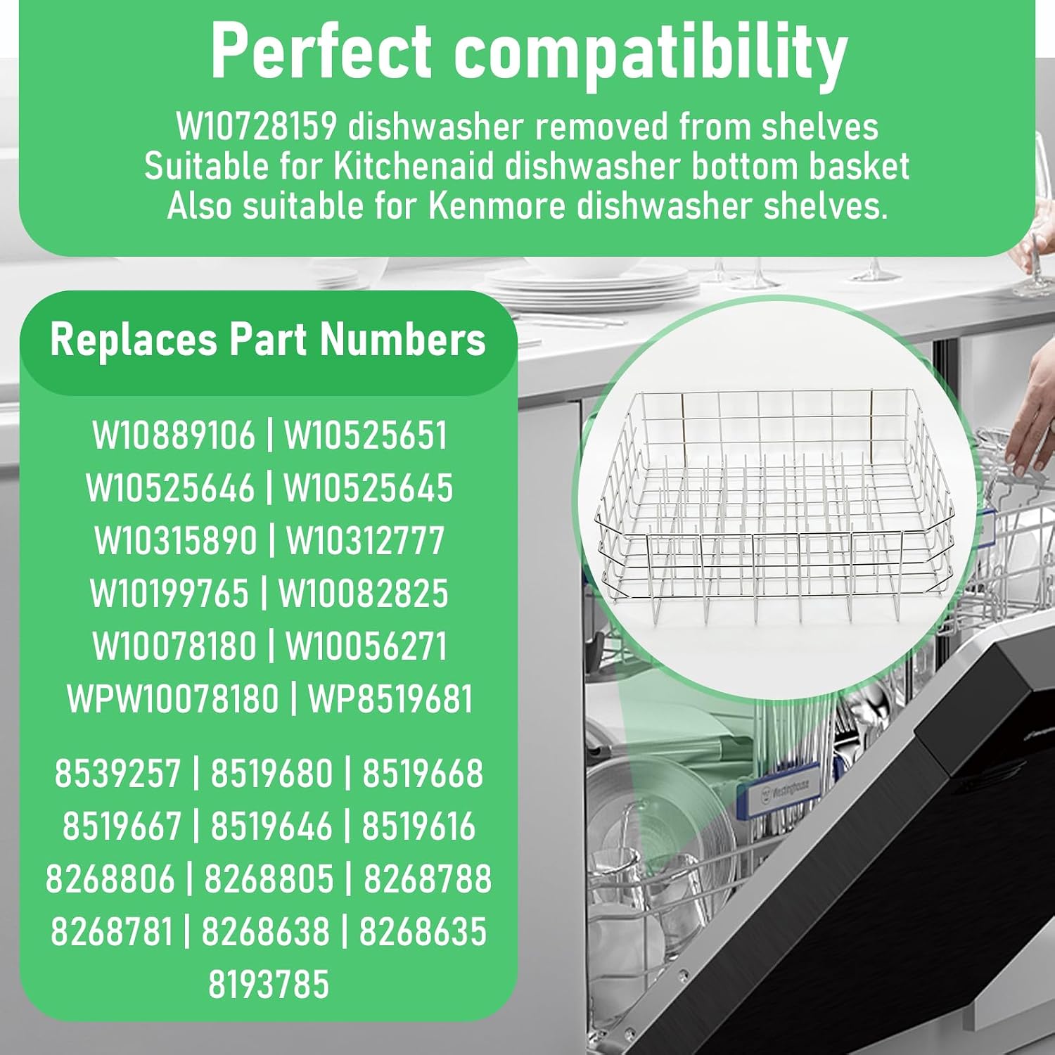 Upgraded 304 Stainless Steel Dishwasher Lower Rack for Maytag, KitchenAid, Whirlpool - 22'D x 20.5'W - OEM Replacement Parts W10728159, W10525646, W10082825, W10780925