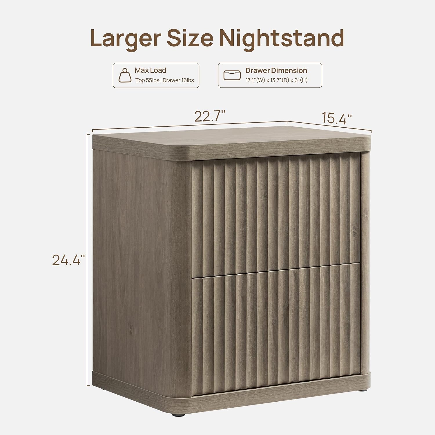SICOTAS Night Stand Set of 2 Nightstands with 2 Drawers Storage Bedside Table Large Fluted Bed Side End Table Modern 24.4' Tall Wide Night Stands for Bedroom Living Room Sofa Couch Office, Grey Alder