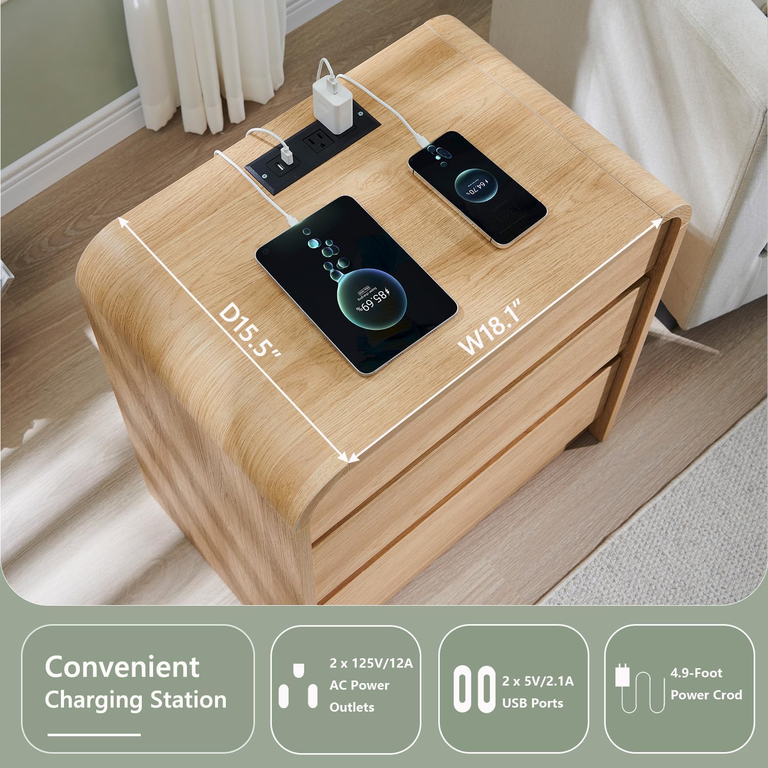 Aitjunz 25' Tall Modern Nightstand Set of 2, 23.6' Wide Wood Bedside Table with Charging Station, 3 Storage Drawers Side Table w/Curved Profile Design,End Table for Bedroom, Natural Oak